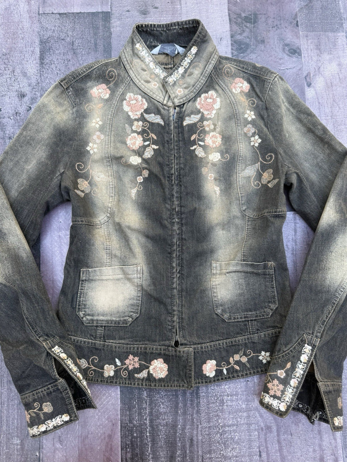 Sportmax Gray Floral Embroidered Euro Denim Jacket Full Zip Pockets Women's M