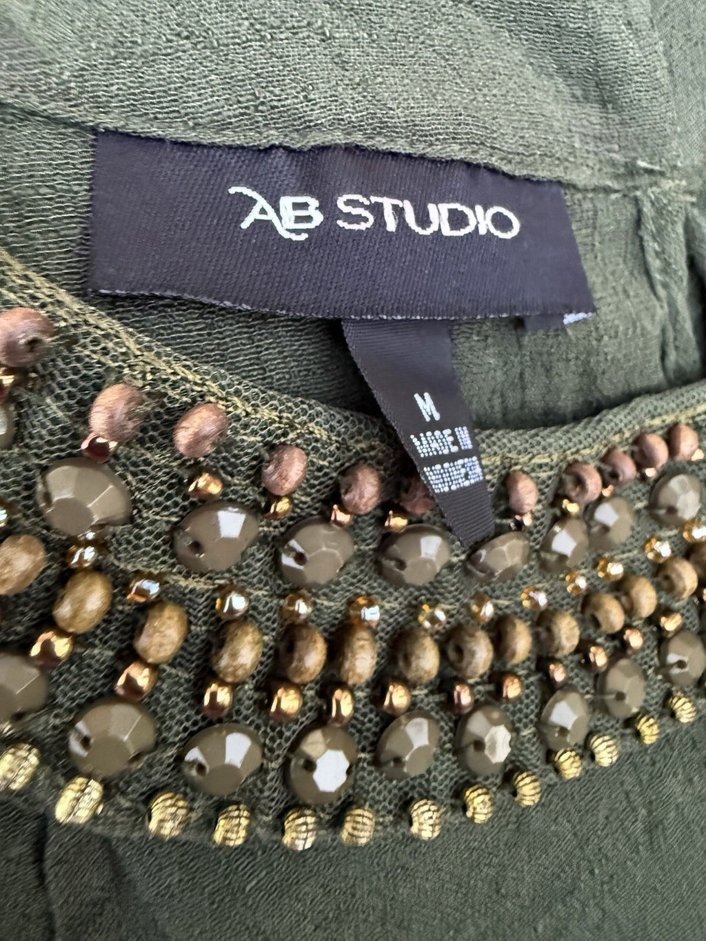 AB Studio Women's Olive Green Beaded Sleeveless Blouse Tank Top Size M