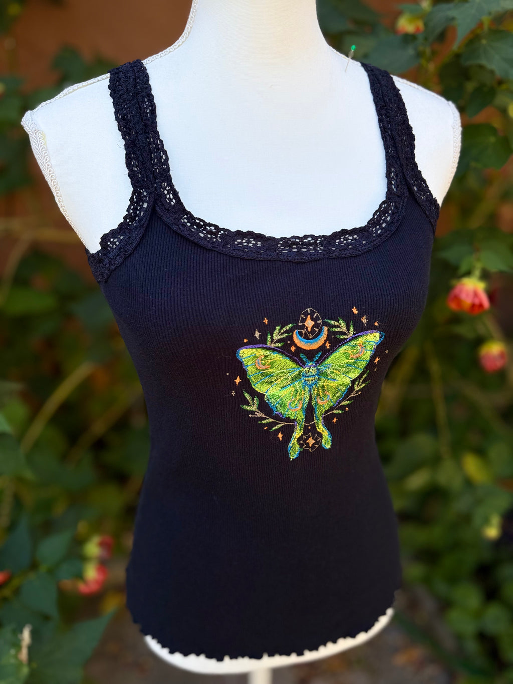 Upcycled Embroidered Luna Moth Lace Top Cami