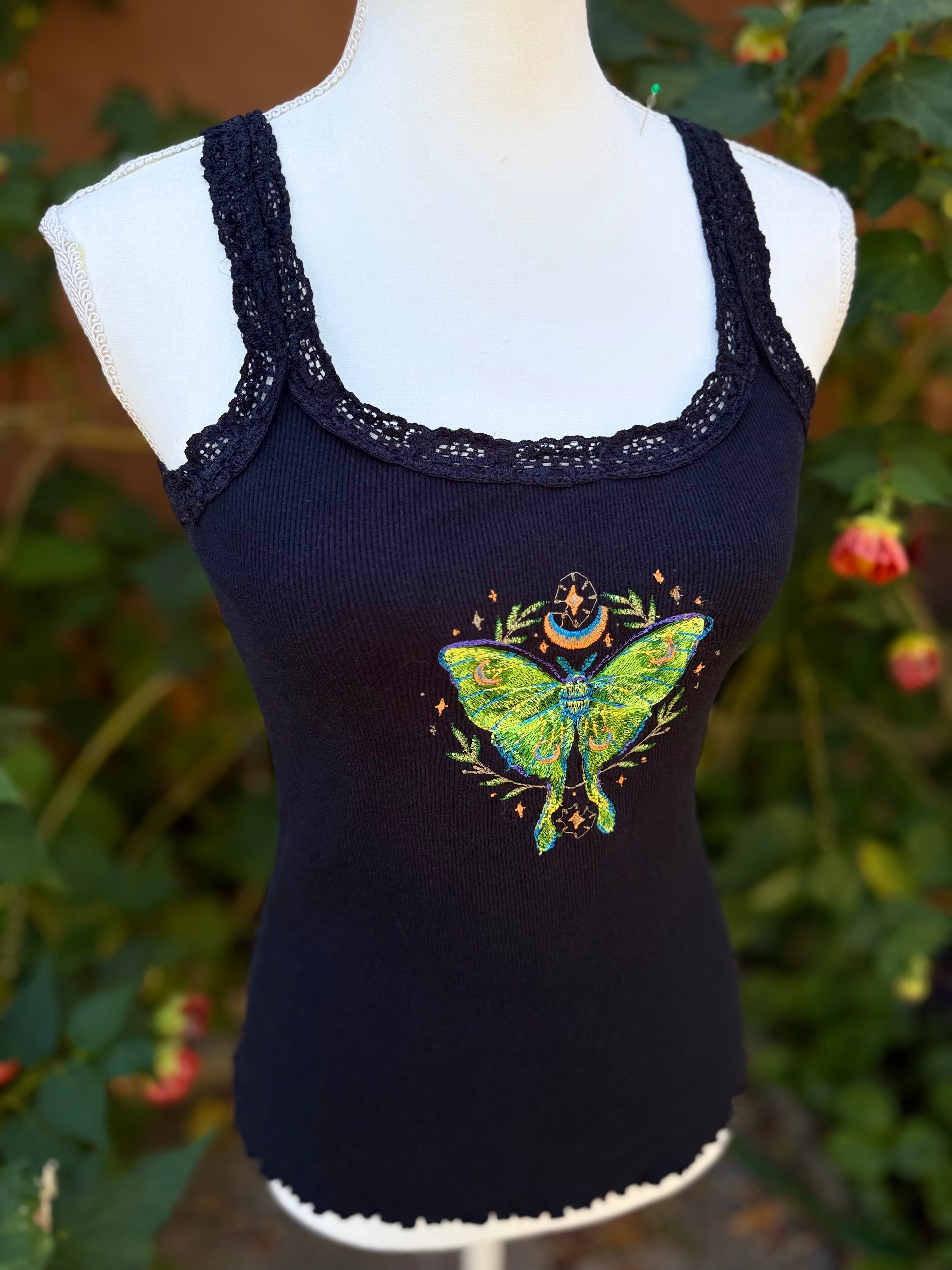 Upcycled Embroidered Luna Moth Lace Top Cami
