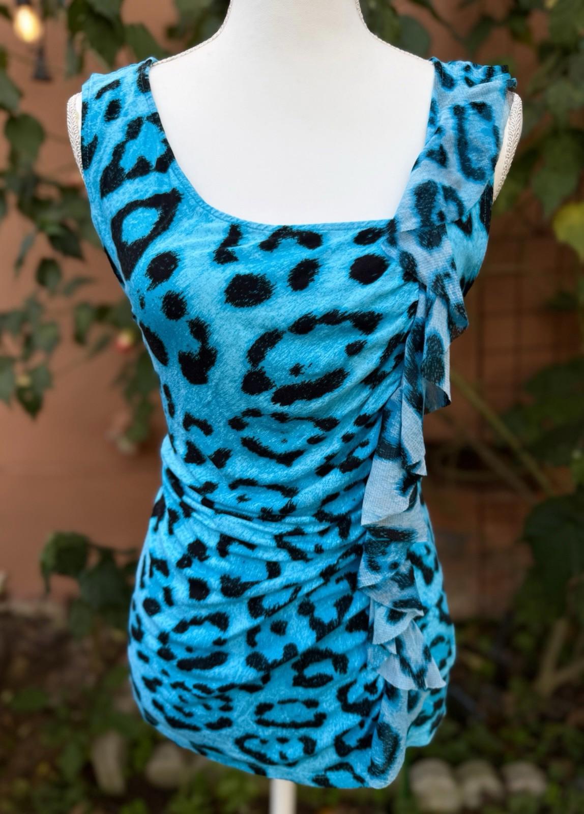 INC International Concepts Leopard  Print & Aqua Ruffle Blouse Tank Top XL