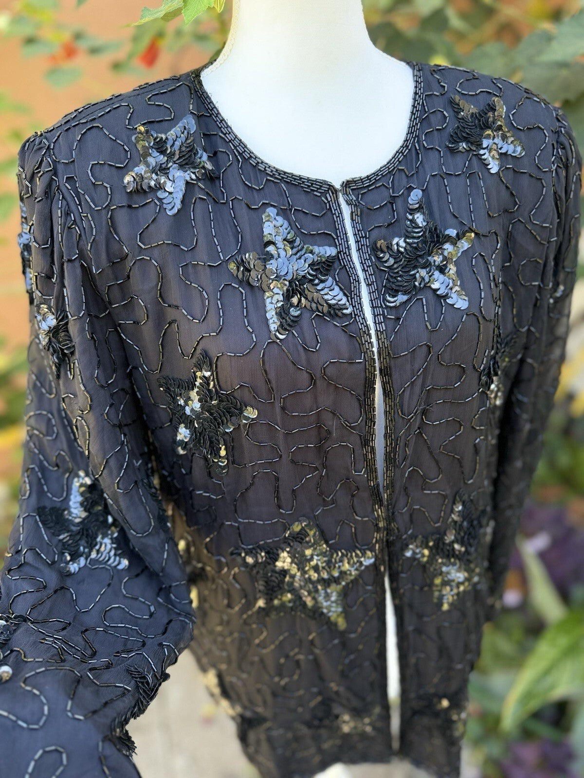 Swee Lo black silk beaded sequin floral open front jacket size L, detail view