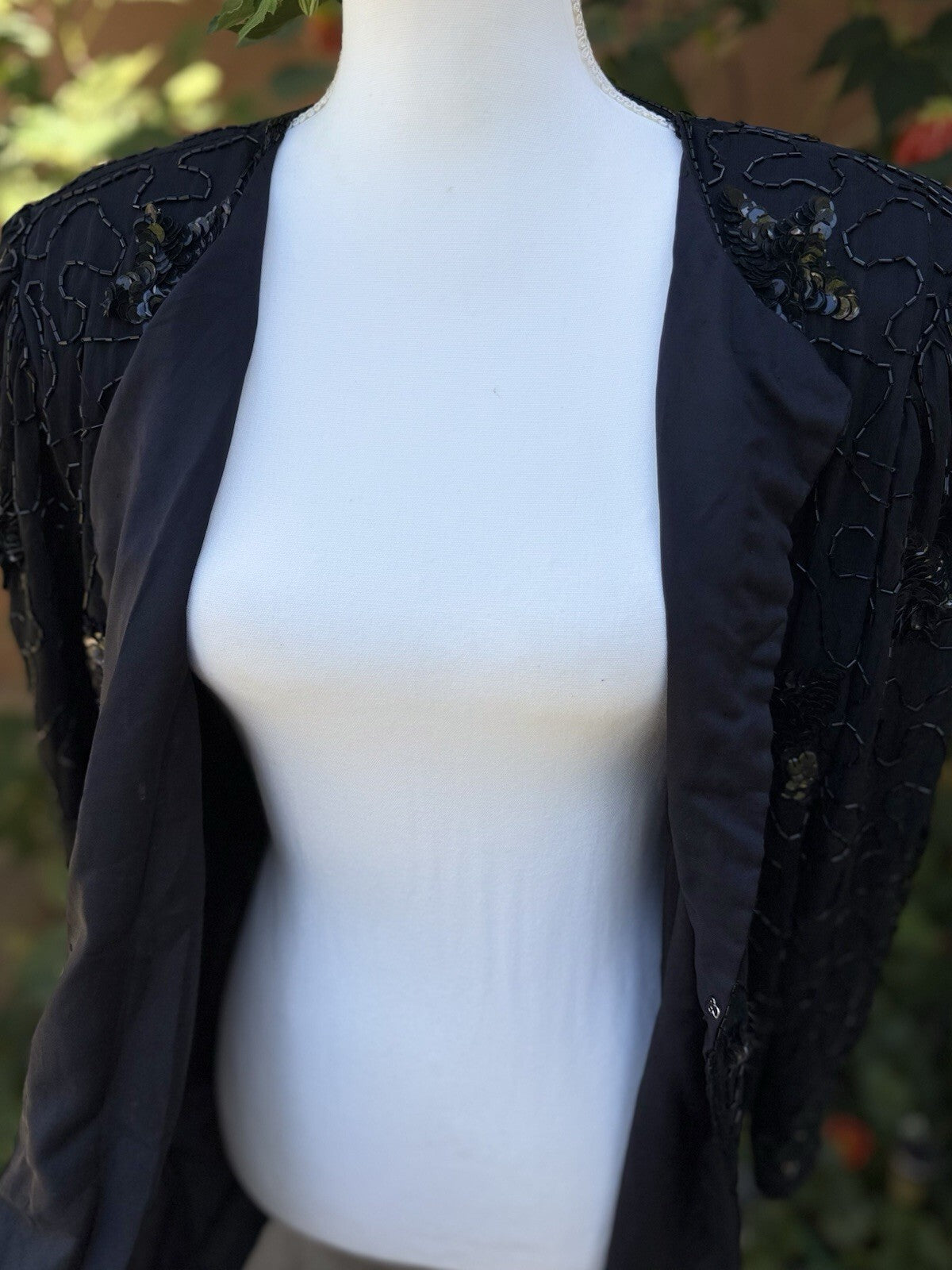 Swee Lo black silk beaded sequin floral open front jacket size L, back view