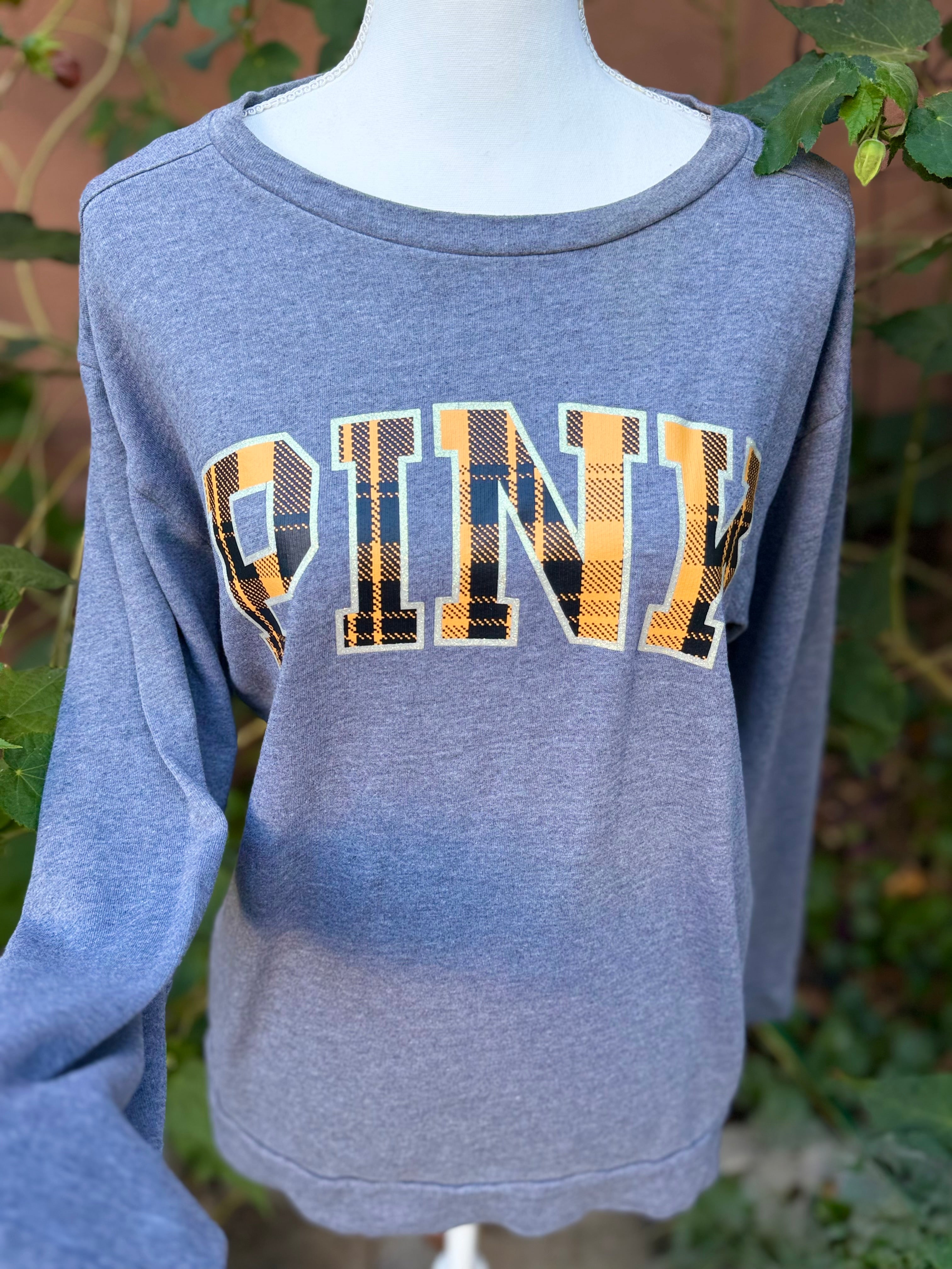 PINK Victoria's Secret Gray Sweatshirt with Yellow & Black Plaid - Size M