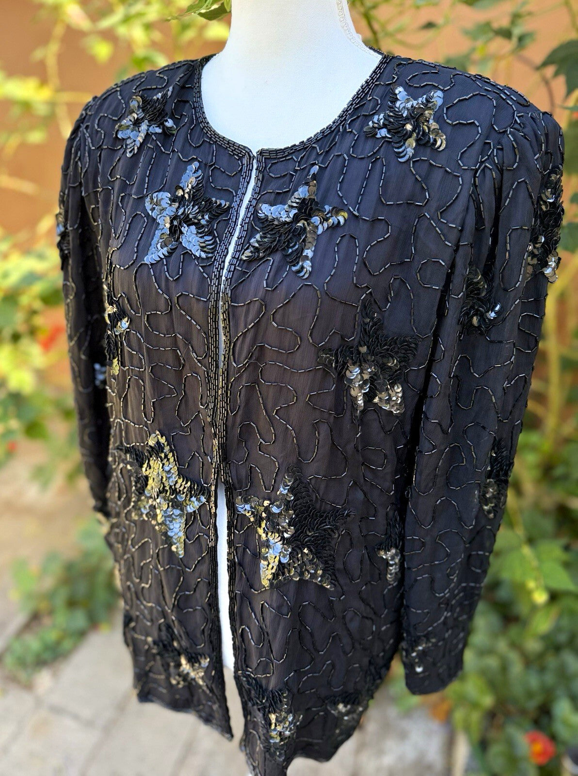 Swee Lo black silk beaded sequin floral open front jacket size L, front view