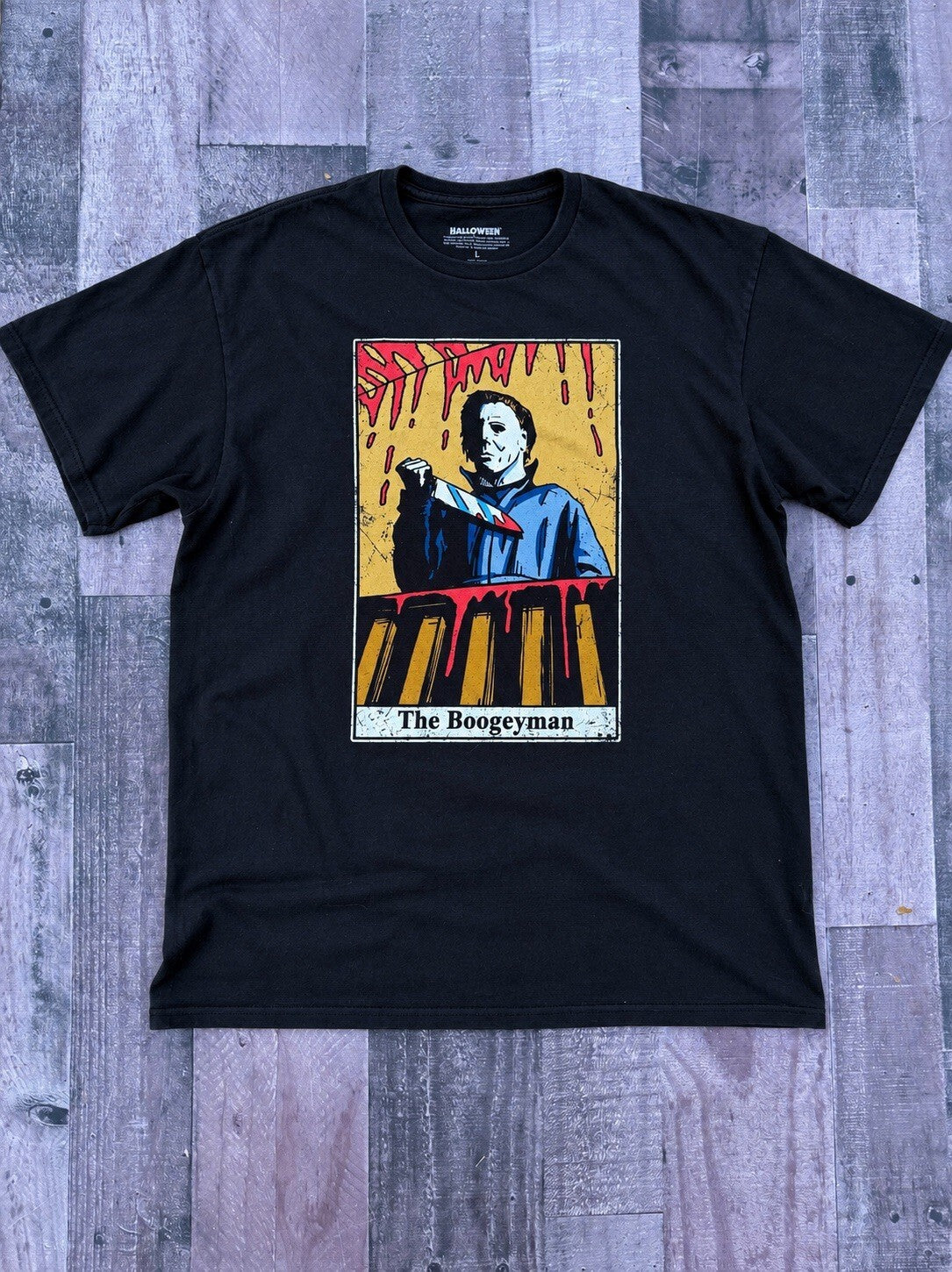 Halloween Michael Myers The Boogeyman black graphic movie t-shirt size L, front view