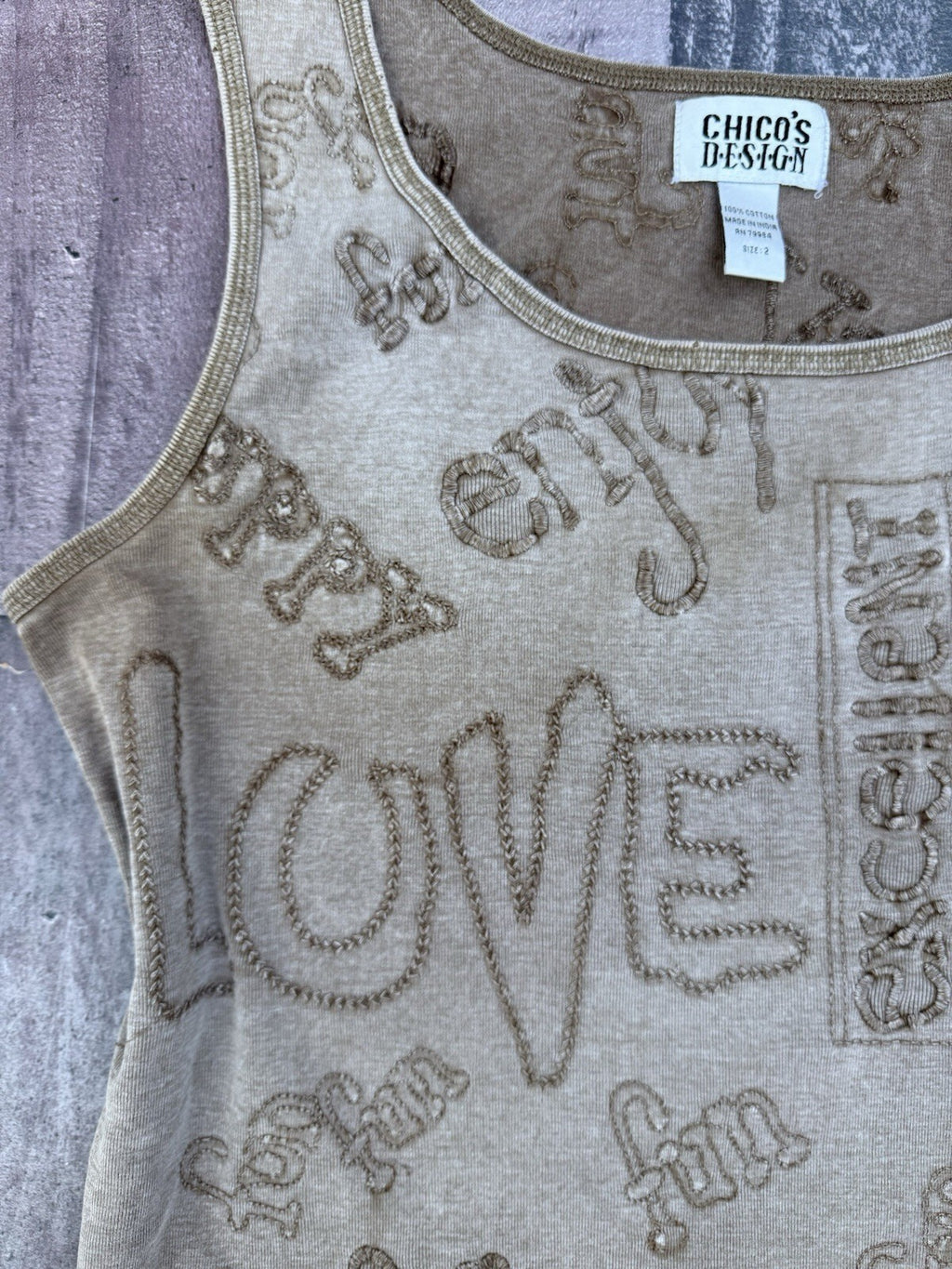 Chico's tan boho embroidered Fun Happy Love cotton tank top, women's L, photo 3