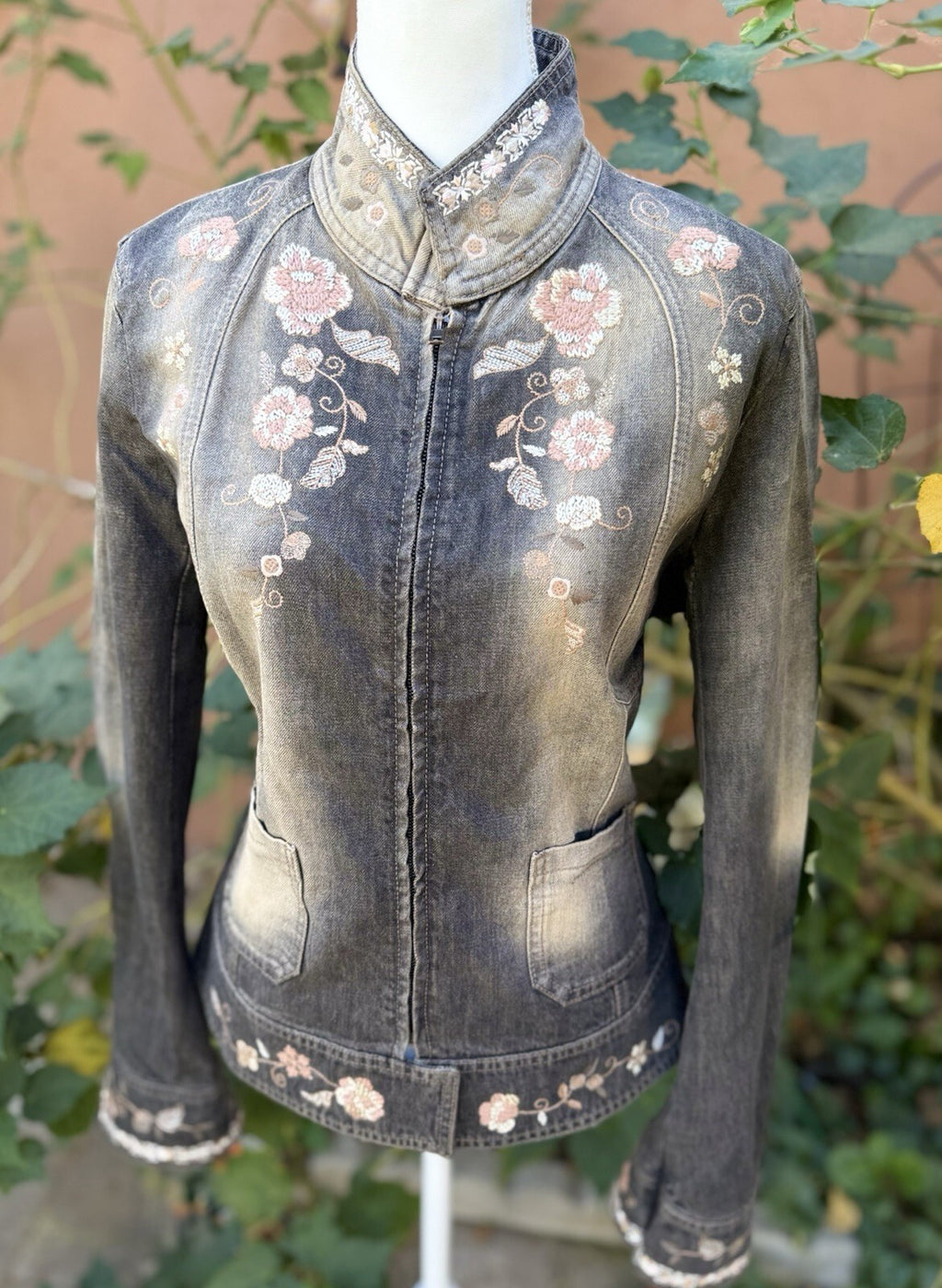 Sportmax Gray Floral Embroidered Euro Denim Jacket Full Zip Pockets Women's M