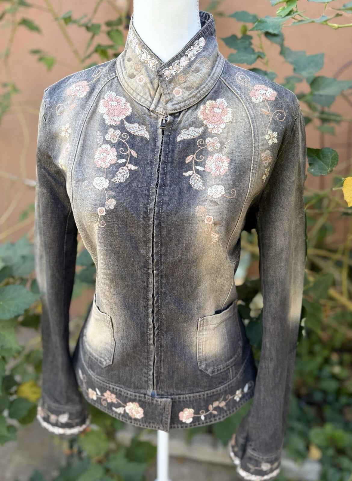 Sportmax Gray Floral Embroidered Euro Denim Jacket Full Zip Pockets Women's M