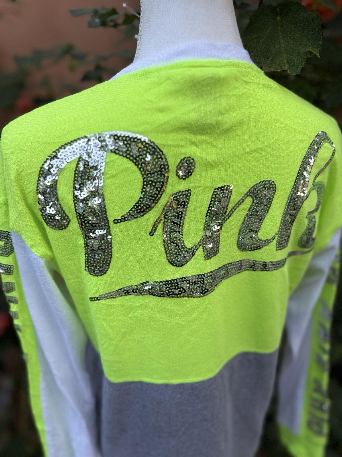 Y2K PINK Victoria's Secret Neon Green & Gray Sequin Logo Crewneck Sweatshirt XS