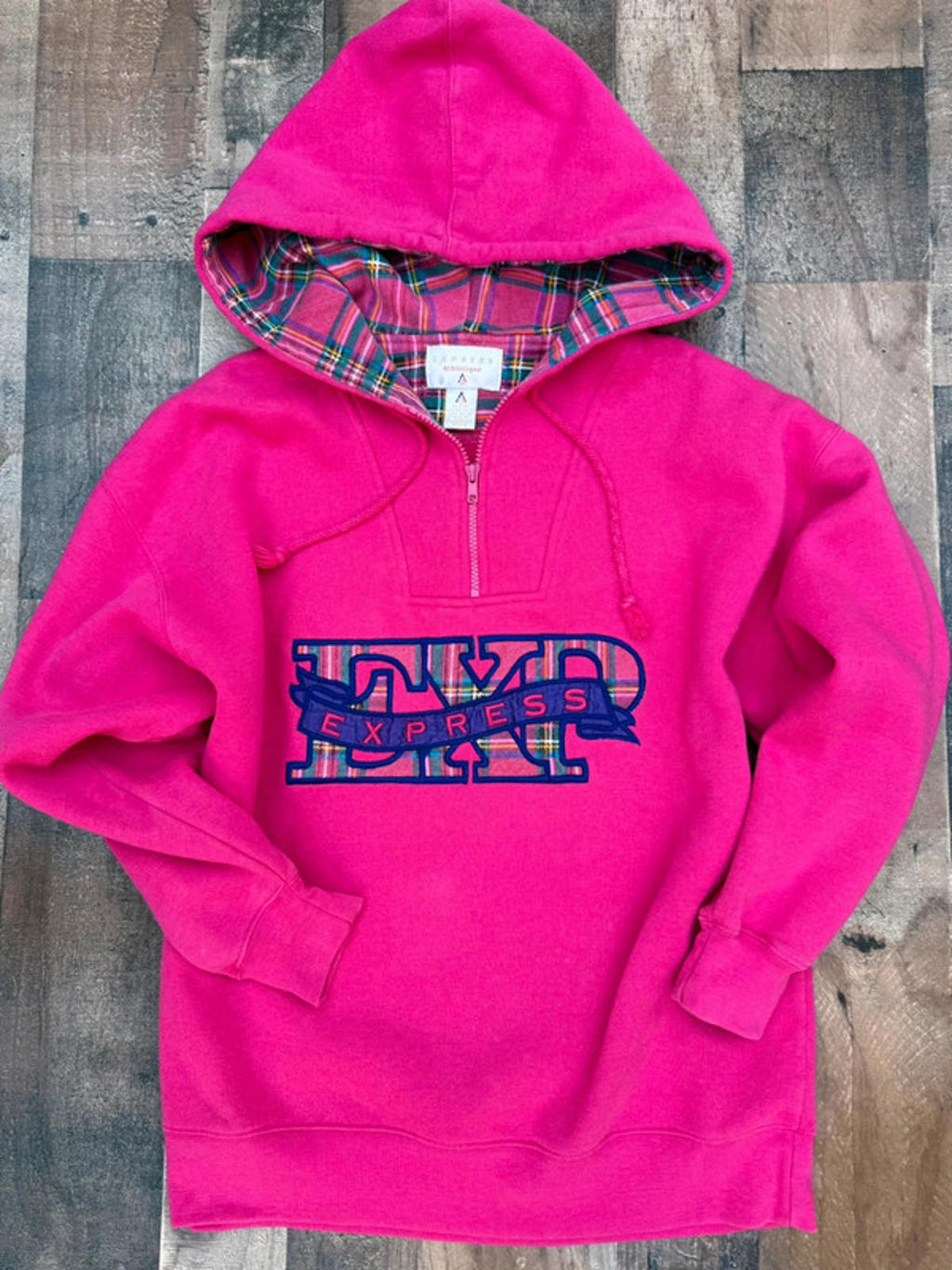 Express Athletique Hot Pink & Plaid Vintage Hoodie Size Small Petite
