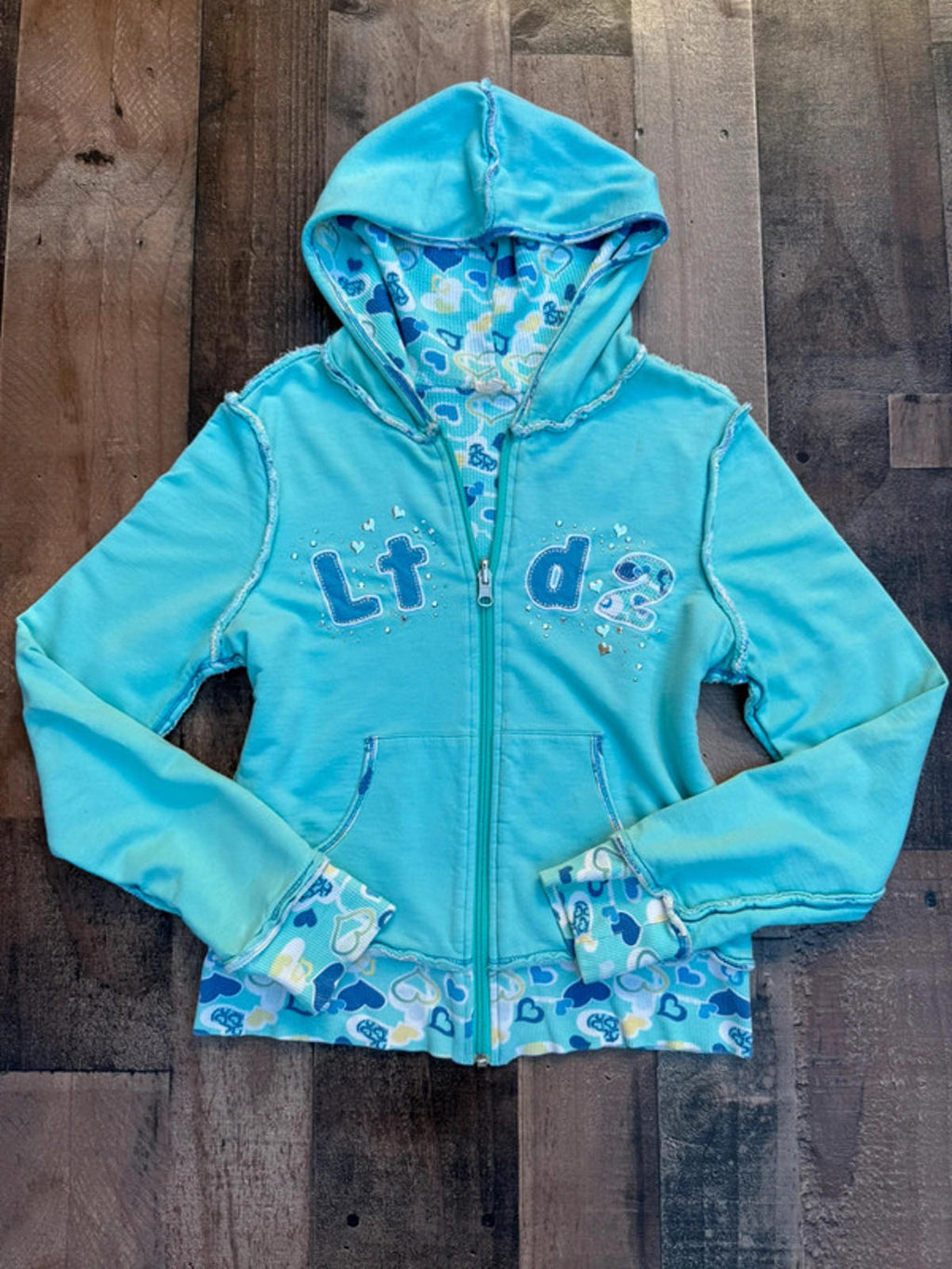 The Limited Too LTD2 Y2K Kid Girl Cute Aqua Heart Warm Hoodie Size 14