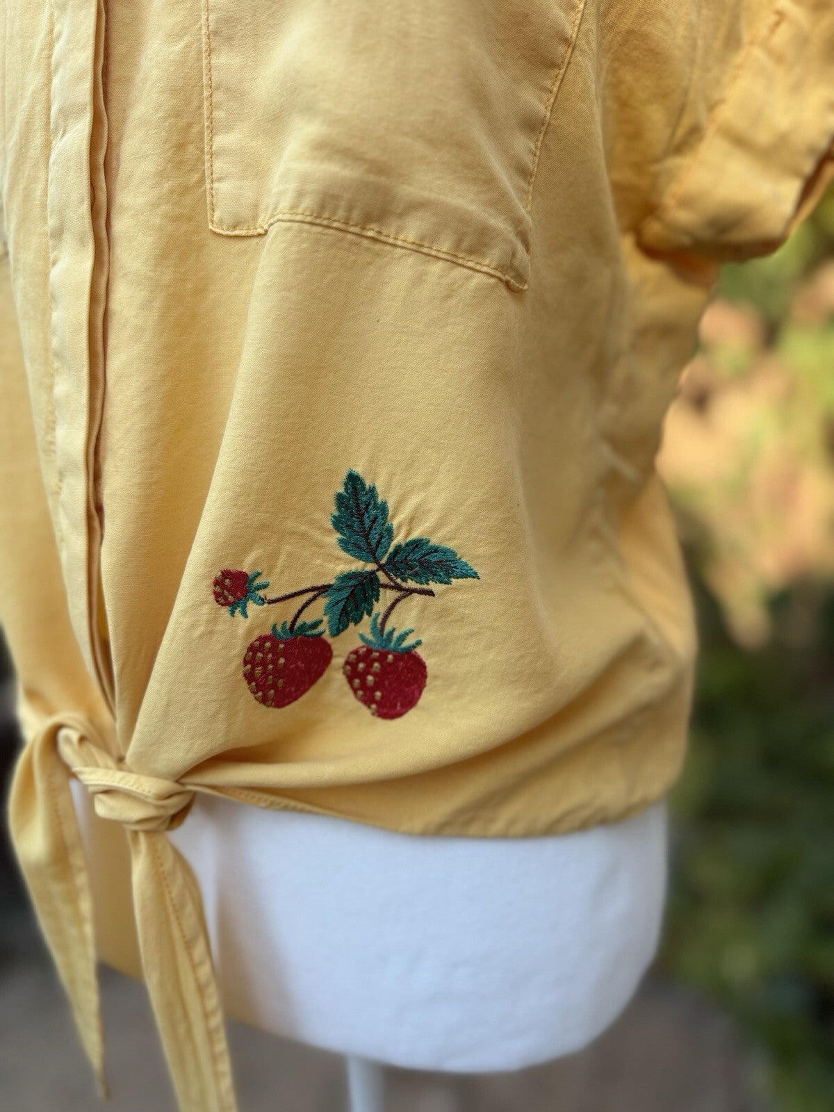 Velvet Heart yellow upcycled strawberry embroidered button up top, women's size S, photo 2