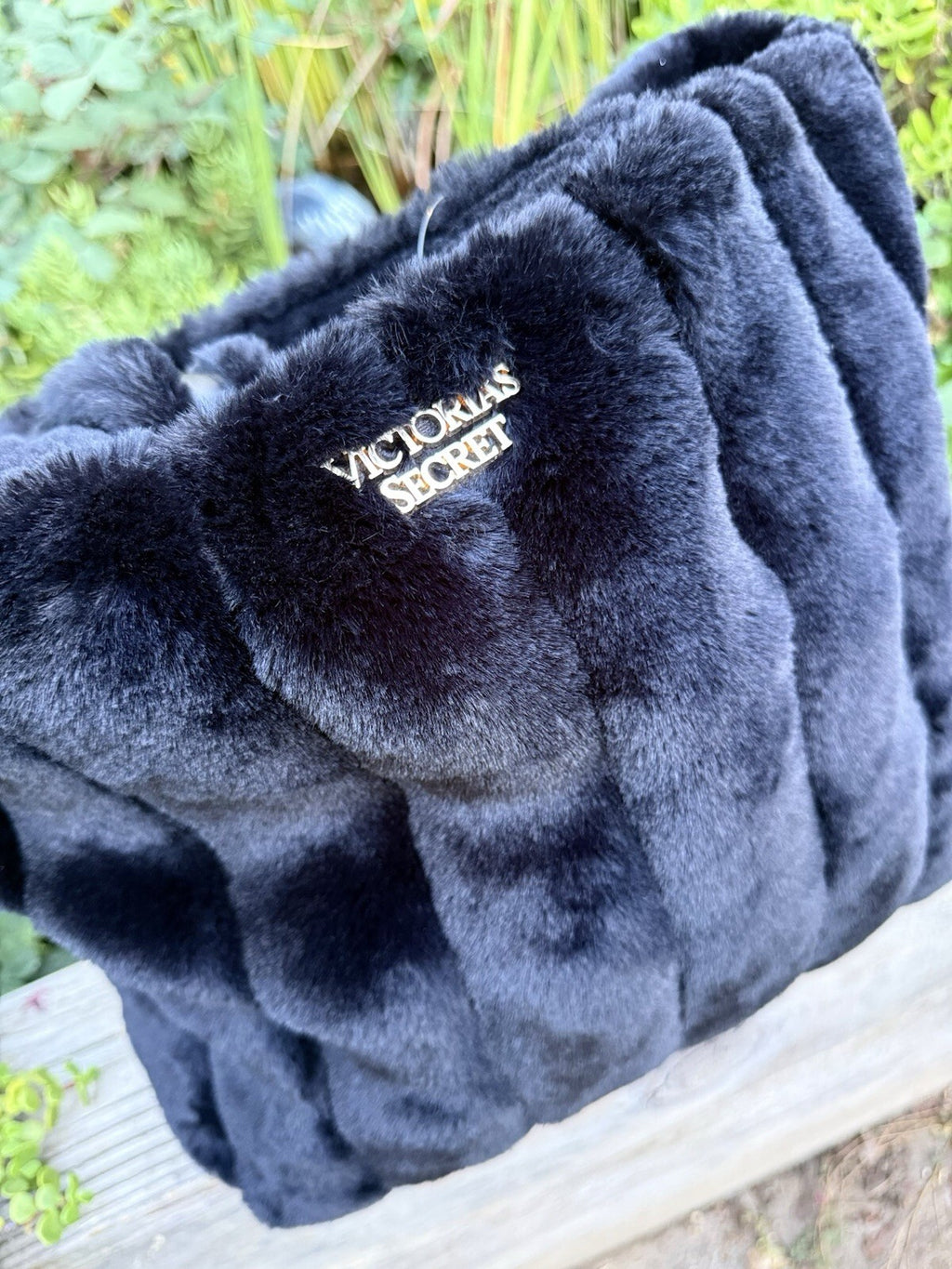 Victoria's Secret Black Faux Fur Quilted Tote Bag Purse New With Tags