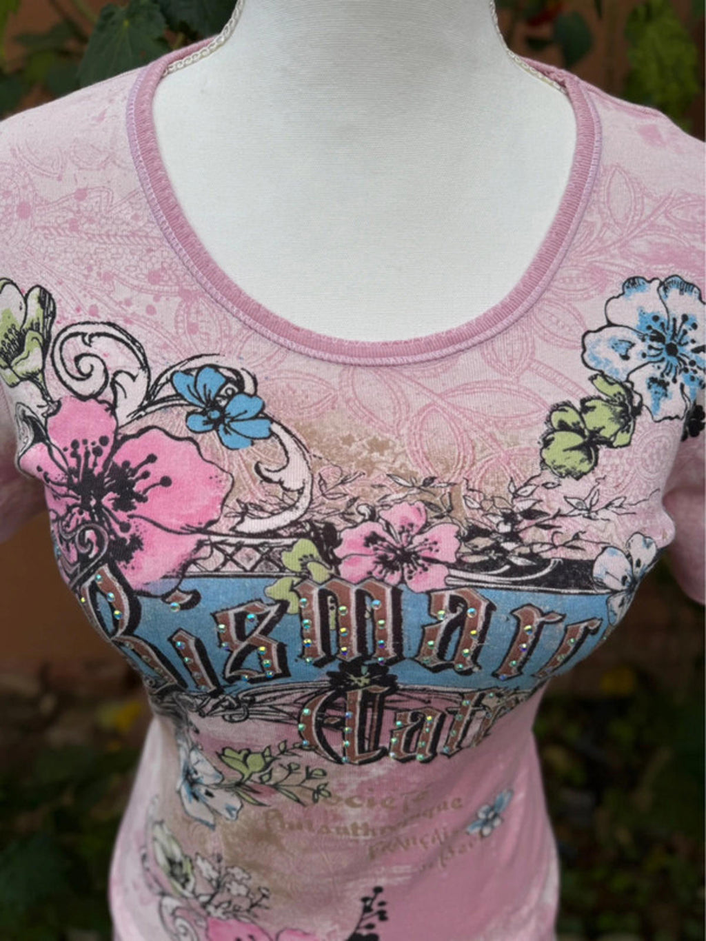 Skinnie Minnie Pink Floral Bismark Cafe Bedazzled Top Size L
