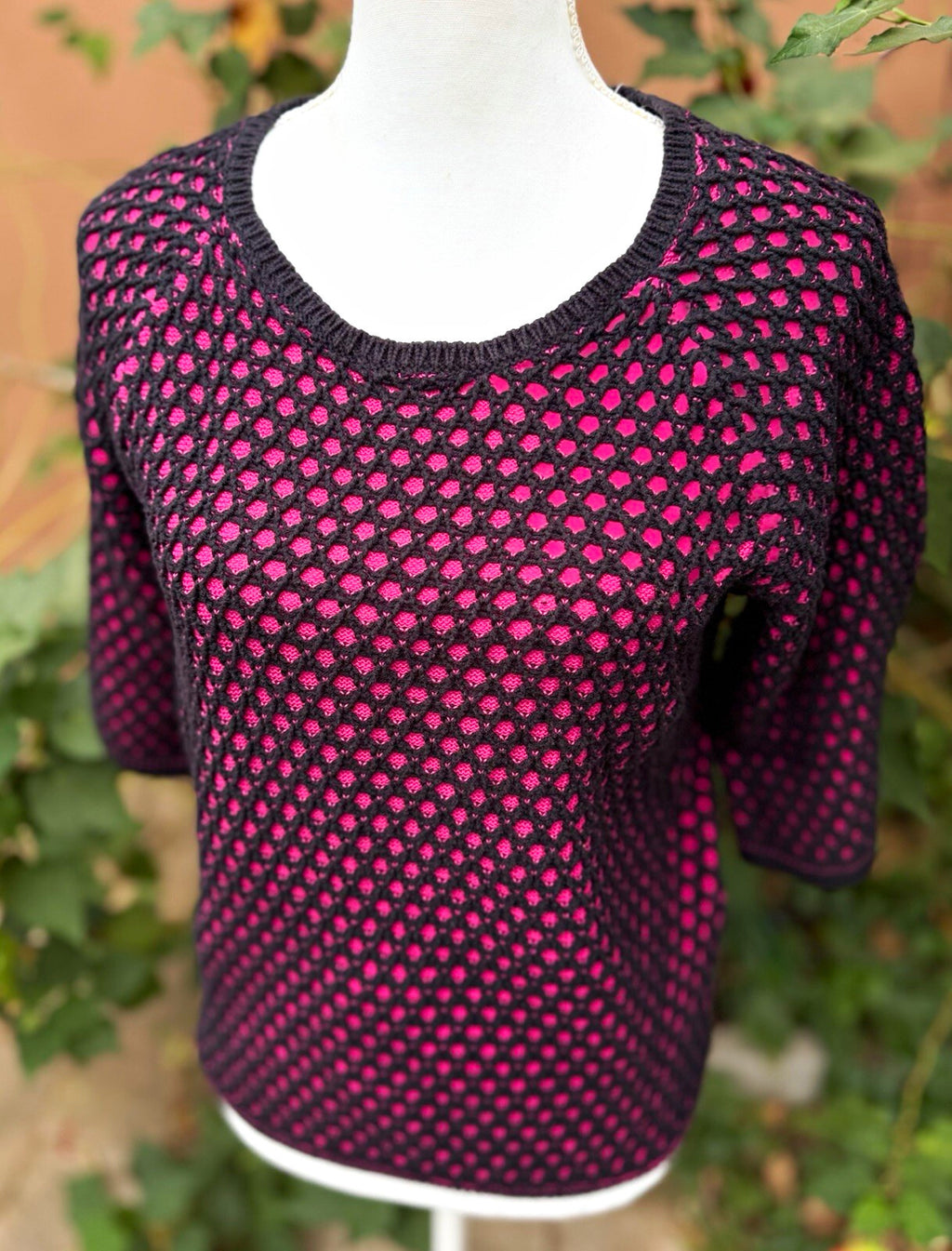 Style&co. Women’s Pink/Black Open Knit Crochet Pullover Sweater Round Neck S