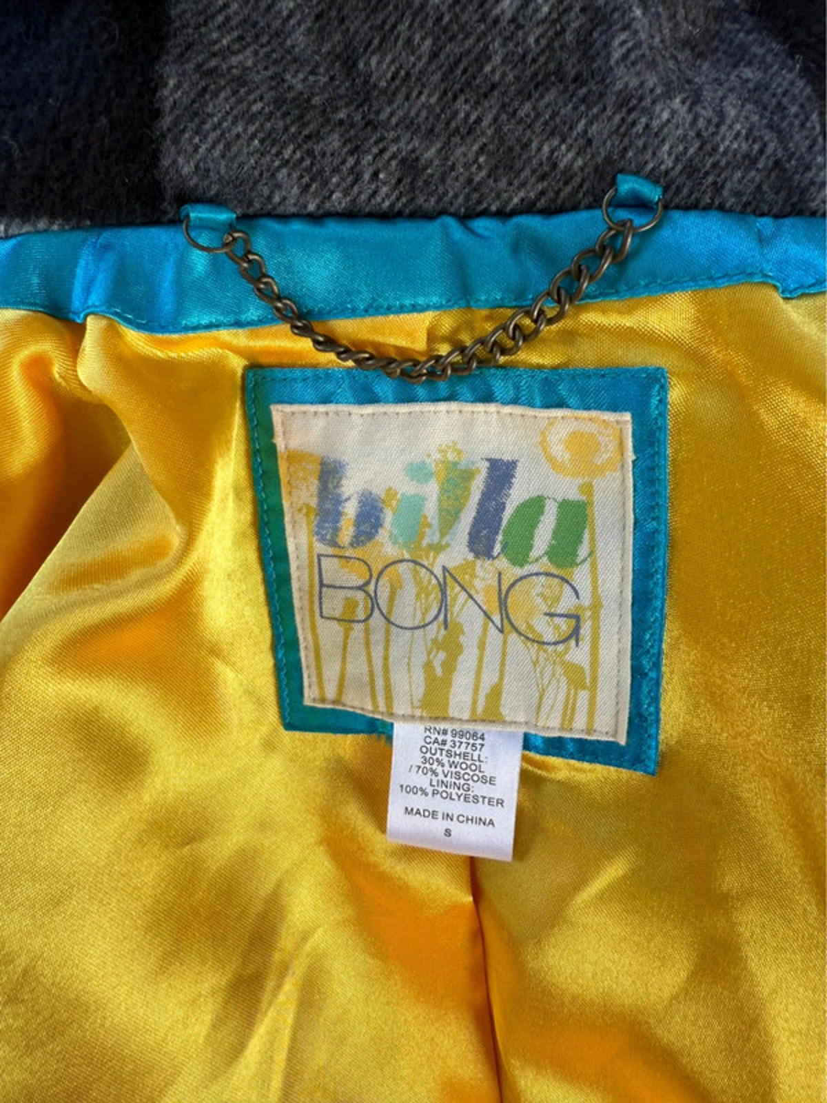 Billabong Black Off White Checkered Plaid Wool Blend Collard Women’s Size S