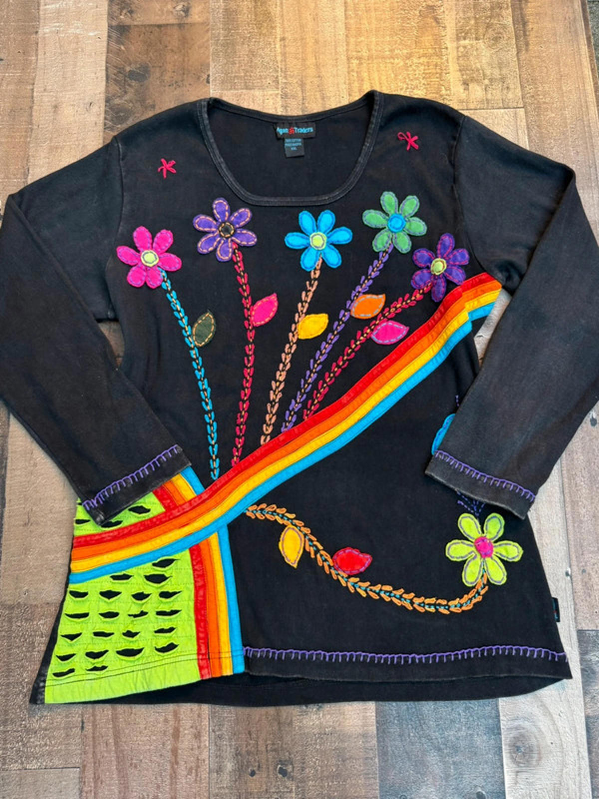 Agan Traders Boho, Artsy, Hippie, Long Sleeved Floral Embroidered Top Womens XL