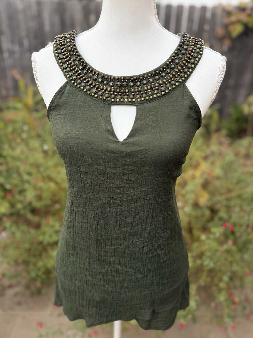 AB Studio Women's Olive Green Beaded Sleeveless Blouse Tank Top Size M
