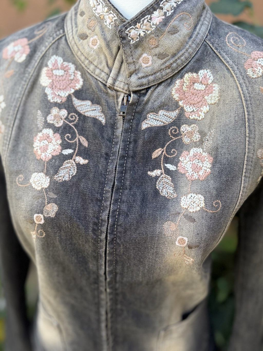 Sportmax Gray Floral Embroidered Euro Denim Jacket Full Zip Pockets Women's M