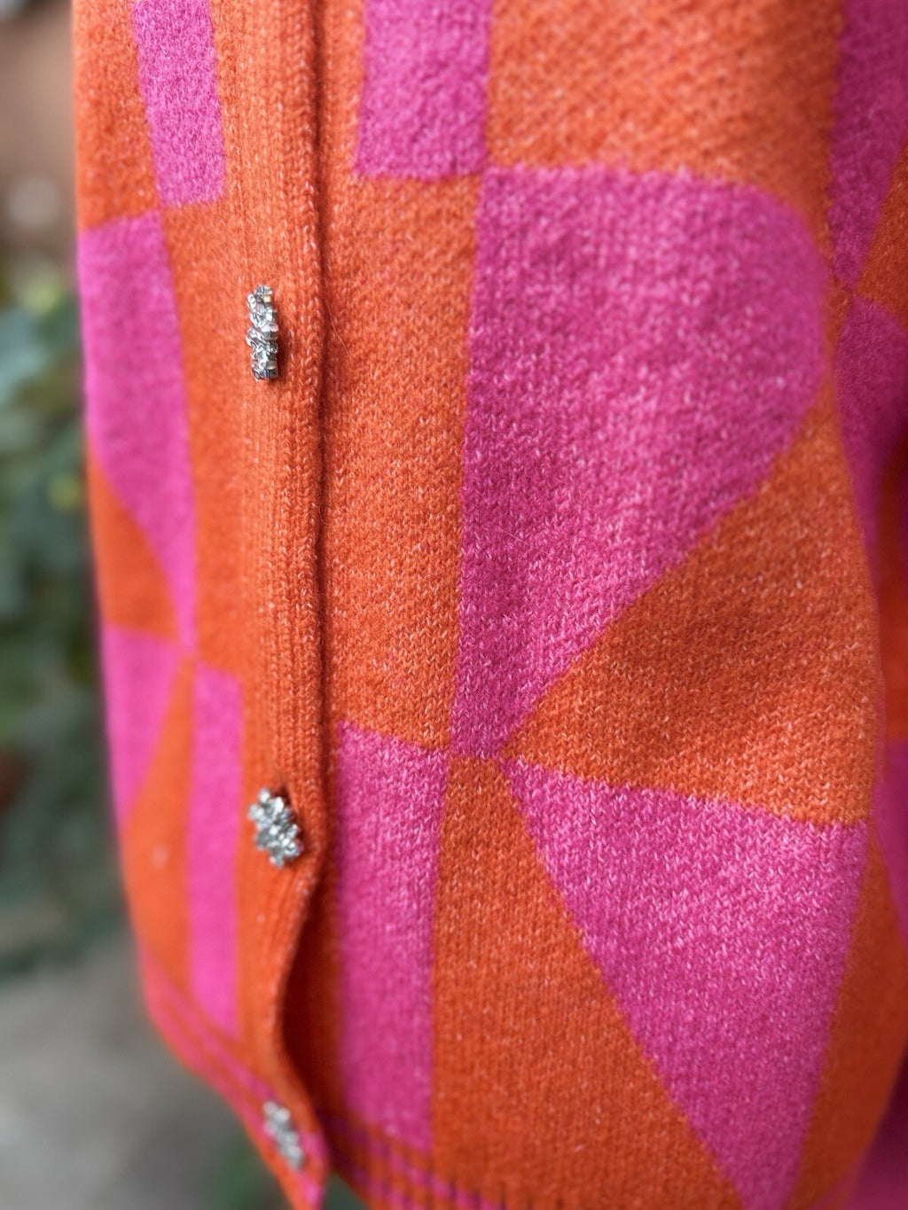MNG pink and orange geometric knit button front cardigan sweater size XXL, tag view
