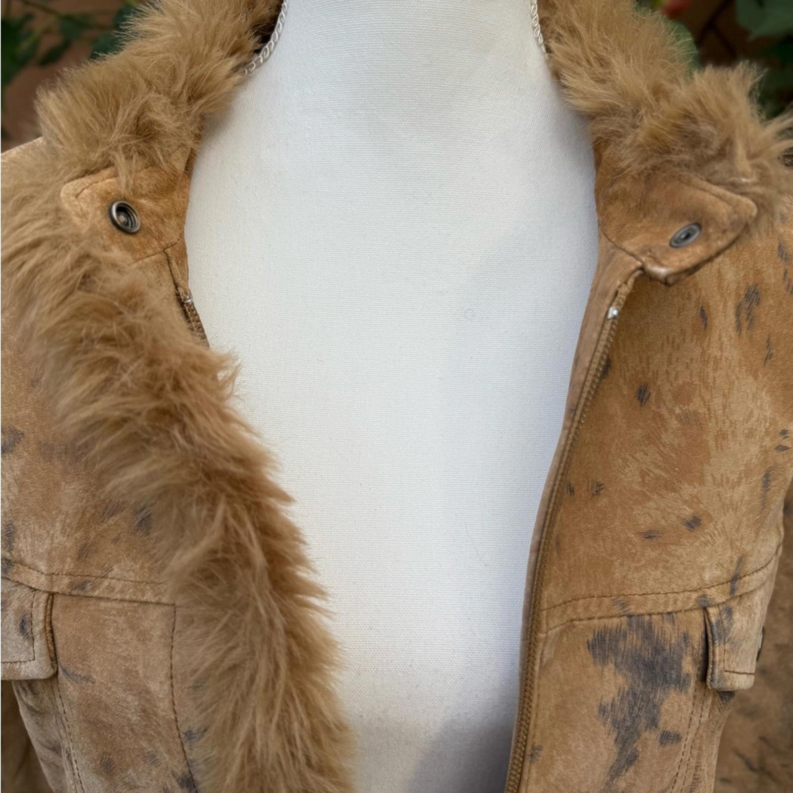 Coldwater Creek Speckled Tan Animal Print Fur Trim Jacket Size XL