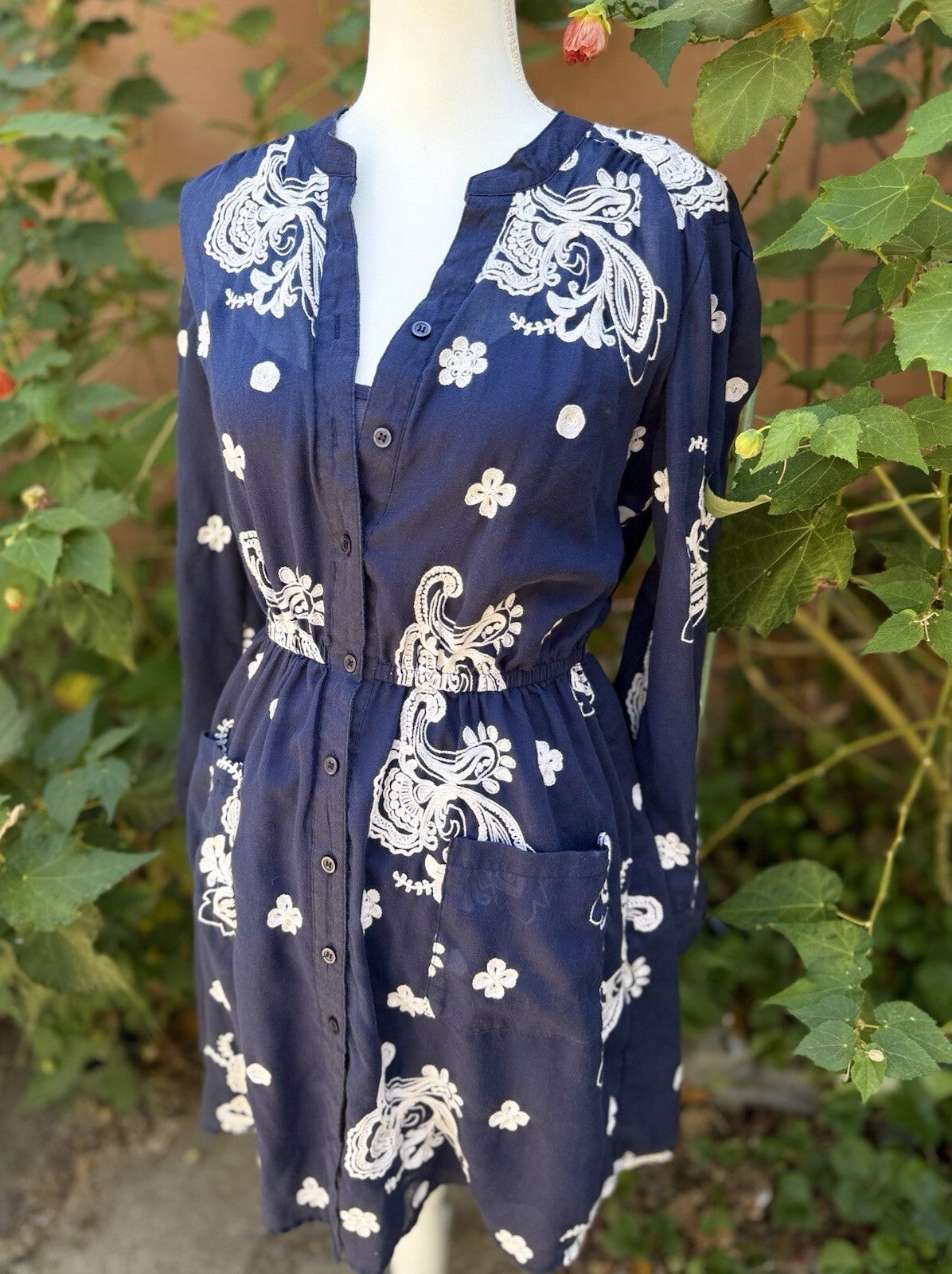 Beige by ECI navy blue floral embroidered button midi dress, women's size 8, photo 3