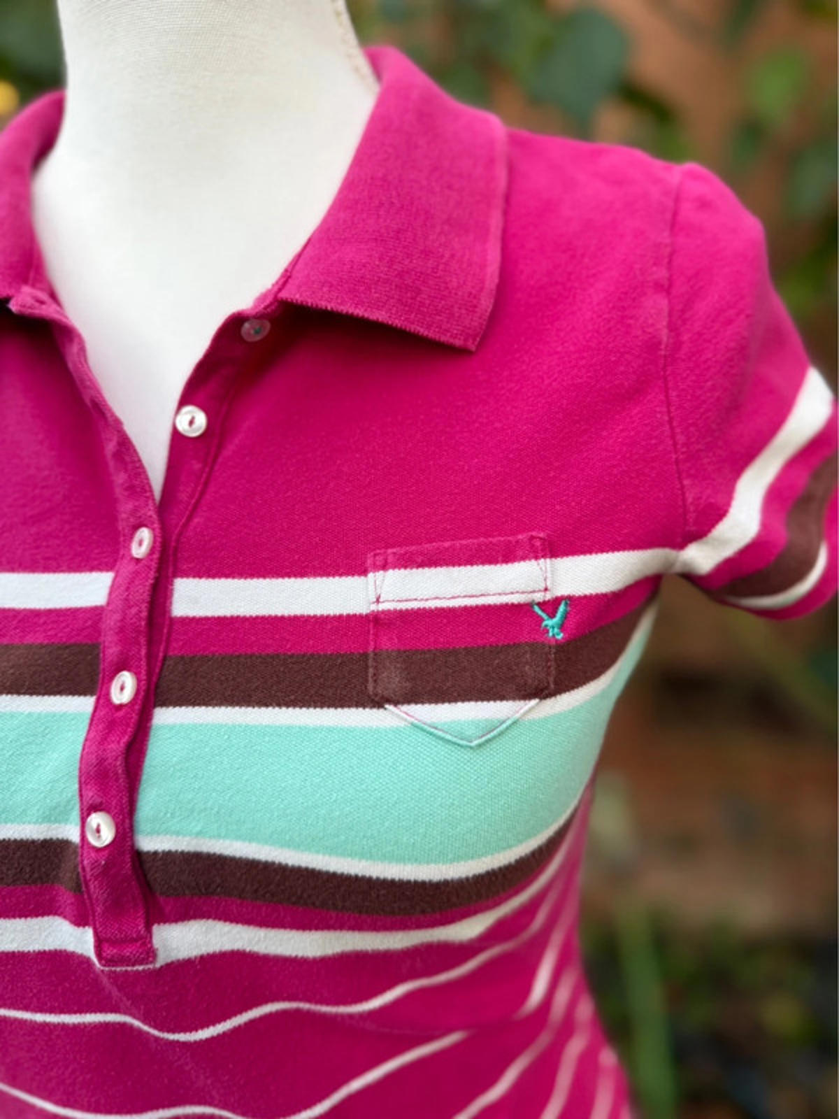 American Eagle Y2K Hot Pink & Aqua Stripe Polo Women’s Top Size M
