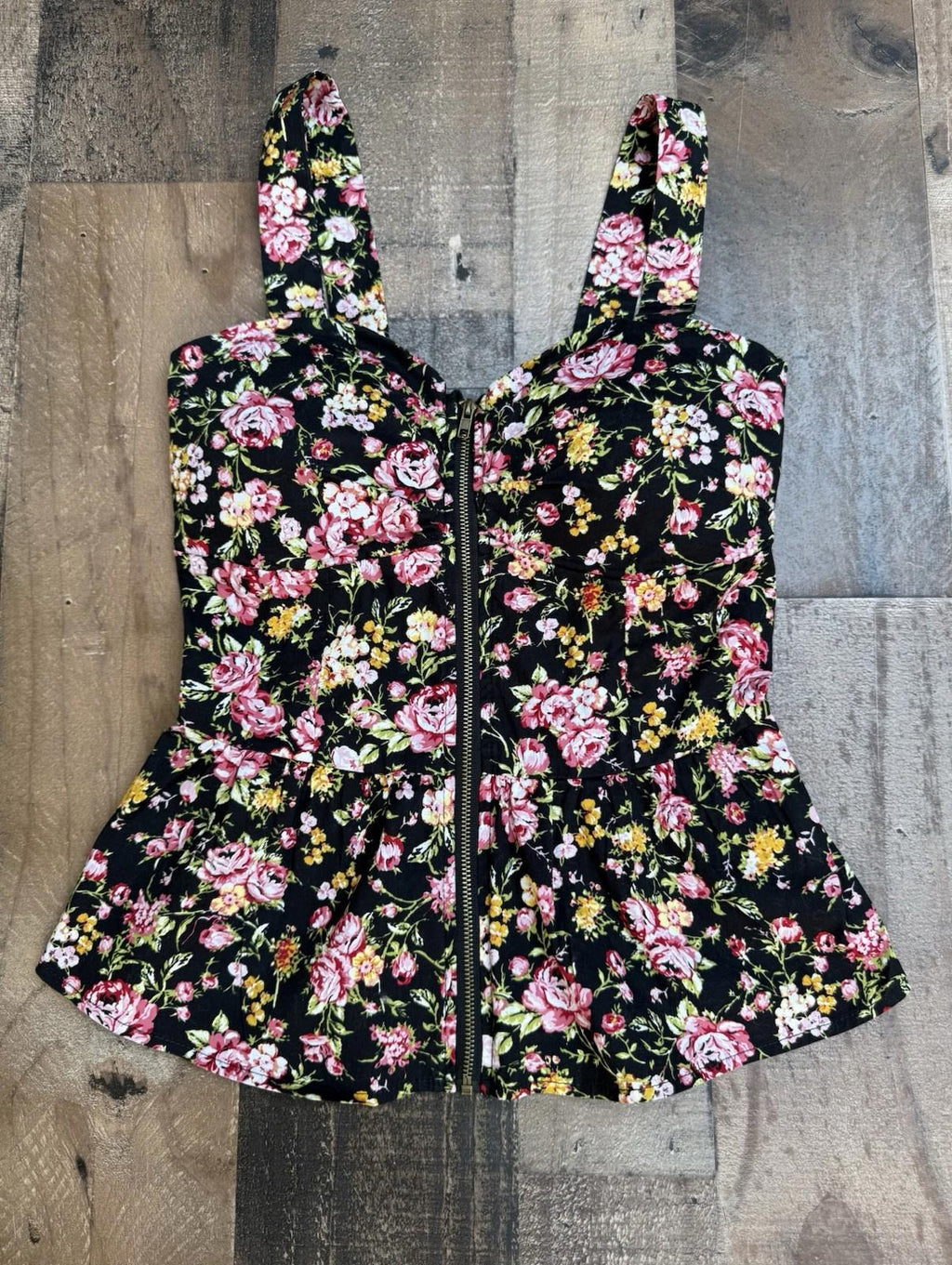 Active USA Women's Black Floral Bodycon Full Zip Thick Strap Tank Sun Shirt Size S