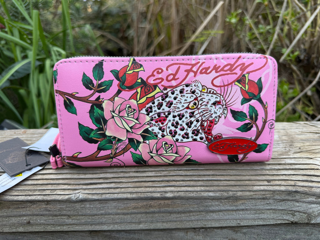 Ed Hardy Pink Floral Leopard Zip Wallet With Rhinestones