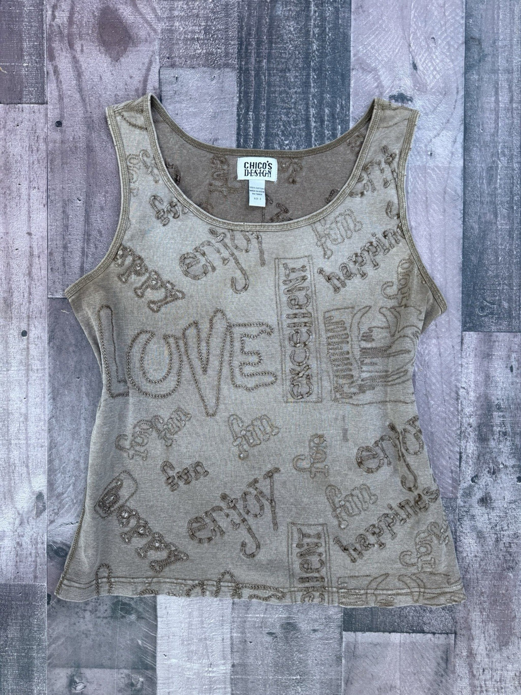 Chico's tan boho embroidered Fun Happy Love cotton tank top, women's L, photo 2