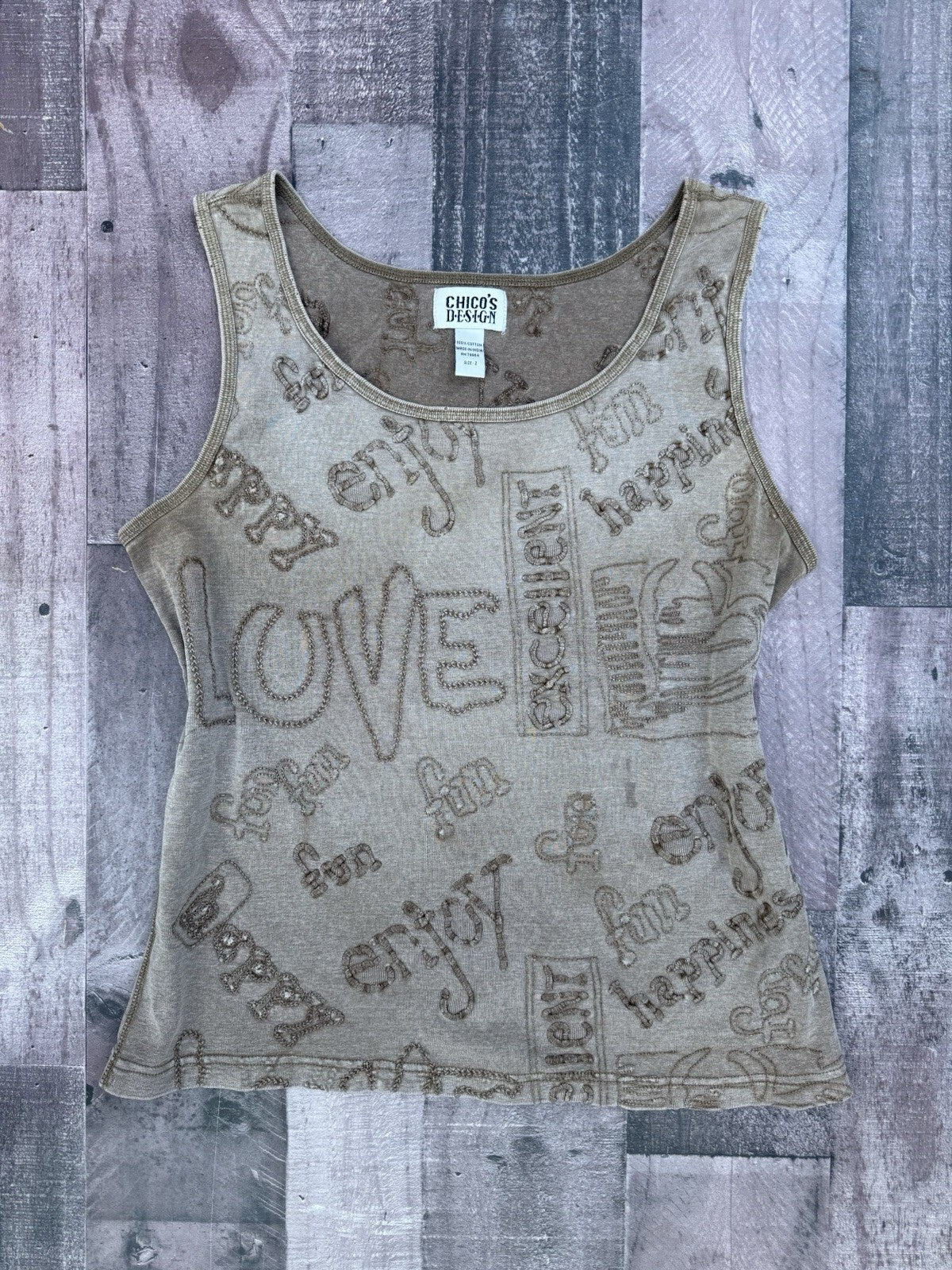 Chico's tan boho embroidered Fun Happy Love cotton tank top, women's L, photo 2