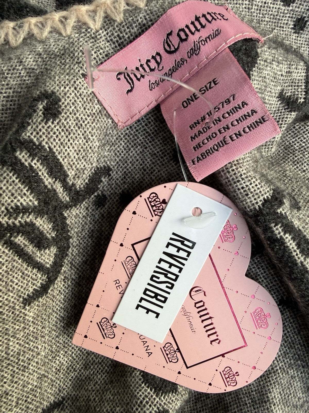 Juicy Couture reversible gray knit logo poncho shawl wrap, new with tags, additional view