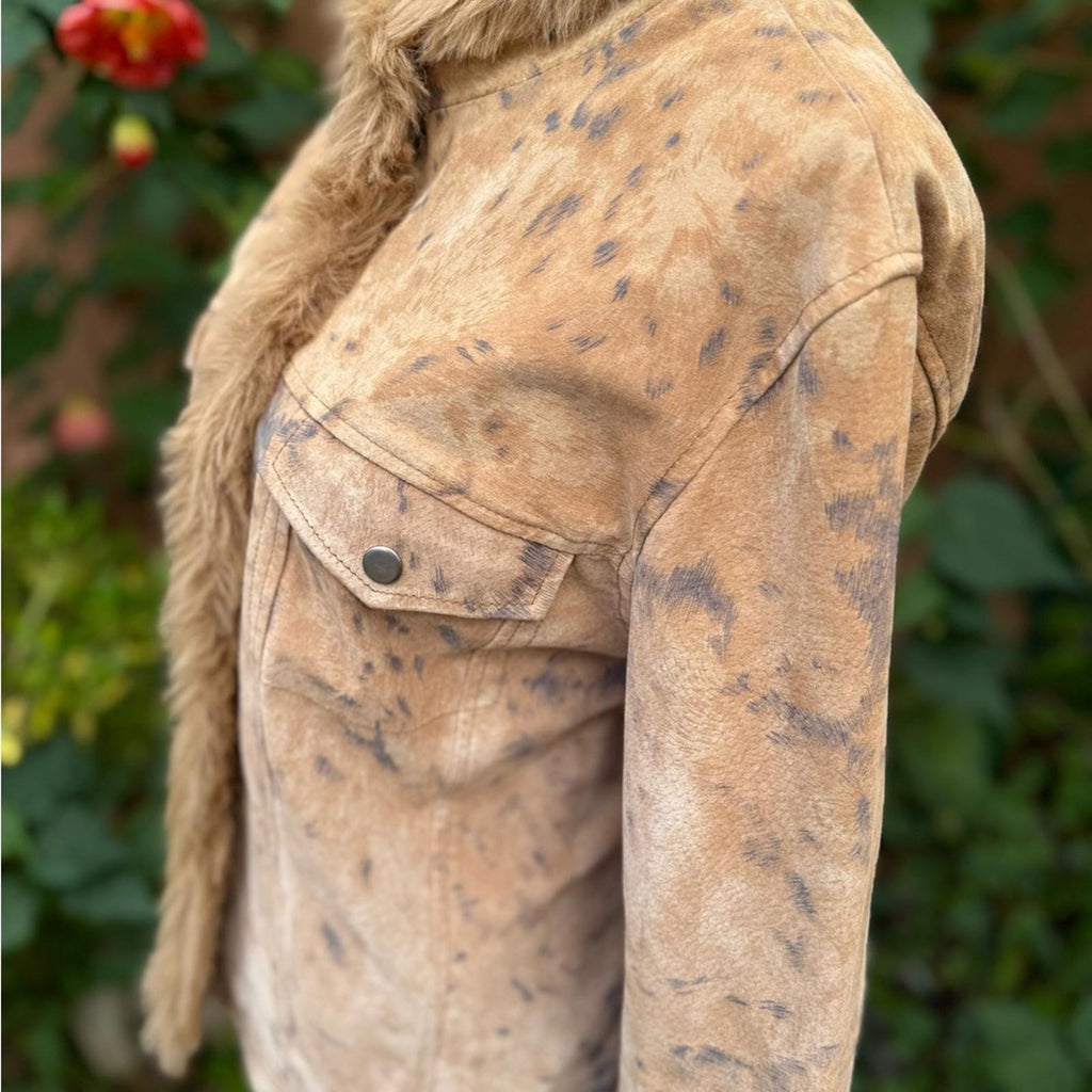 Coldwater Creek Speckled Tan Animal Print Fur Trim Jacket Size XL
