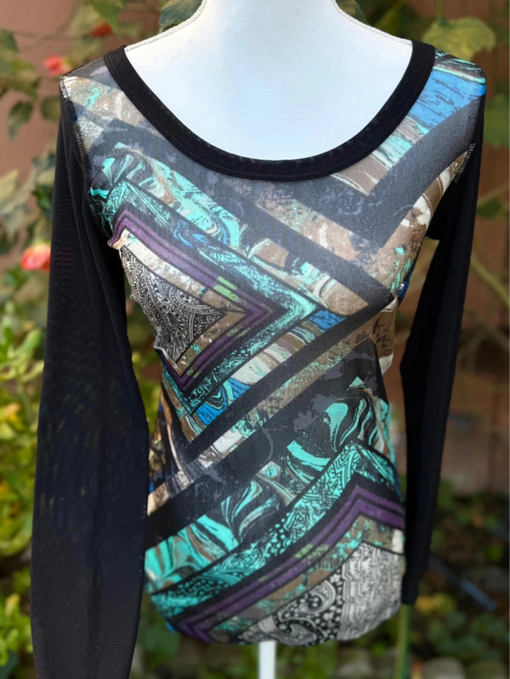 Karen Kane Mesh Long Sleeved Cute Patterned Blouse Top Women Size L
