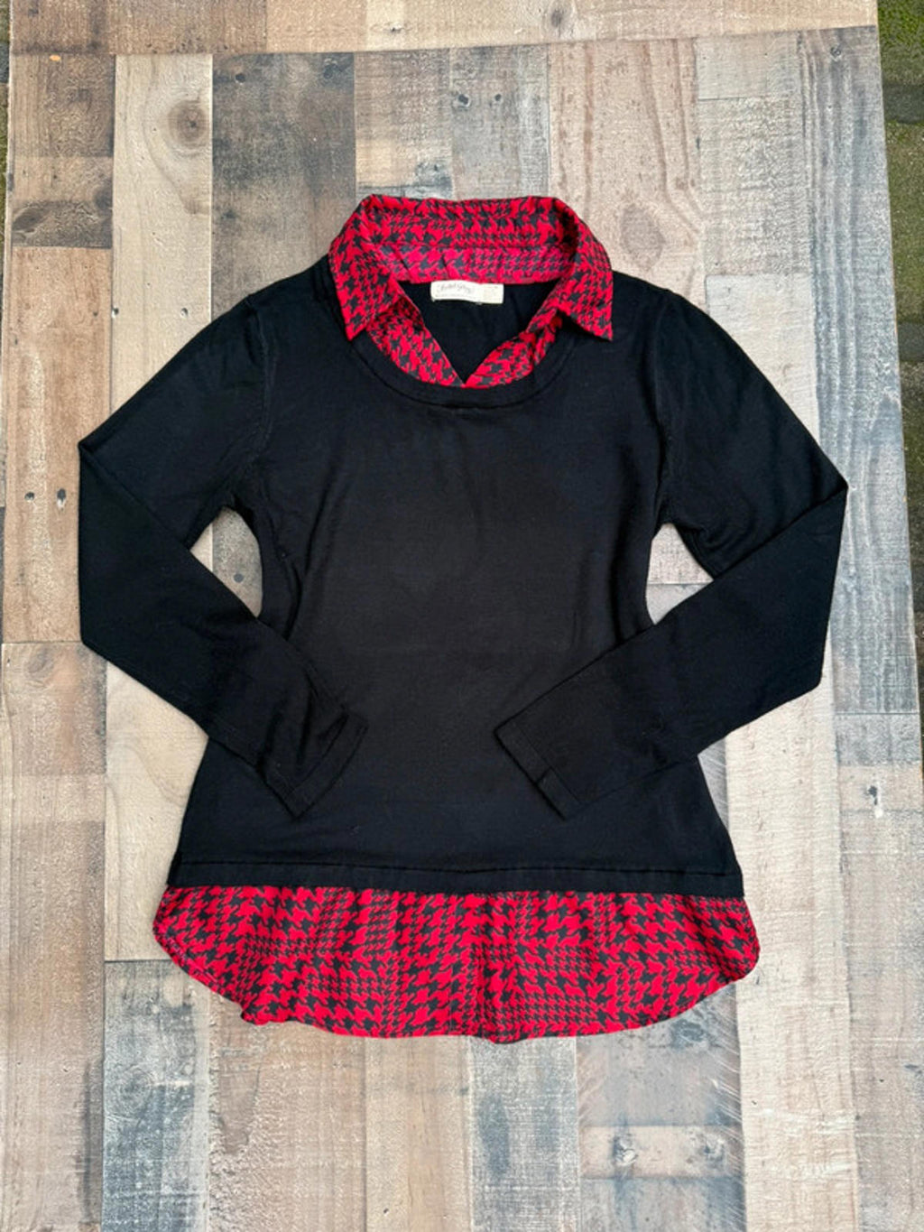 Faded Glory Red Black & Houndstooth Grunge Sweater Top Size XL