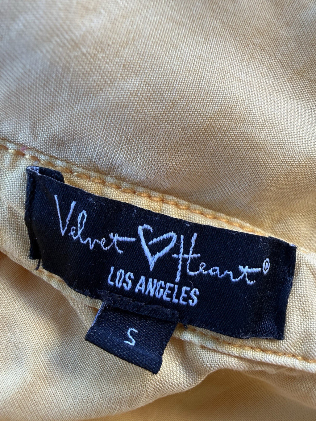 Velvet Heart yellow upcycled strawberry embroidered button up top, women's size S, photo 3