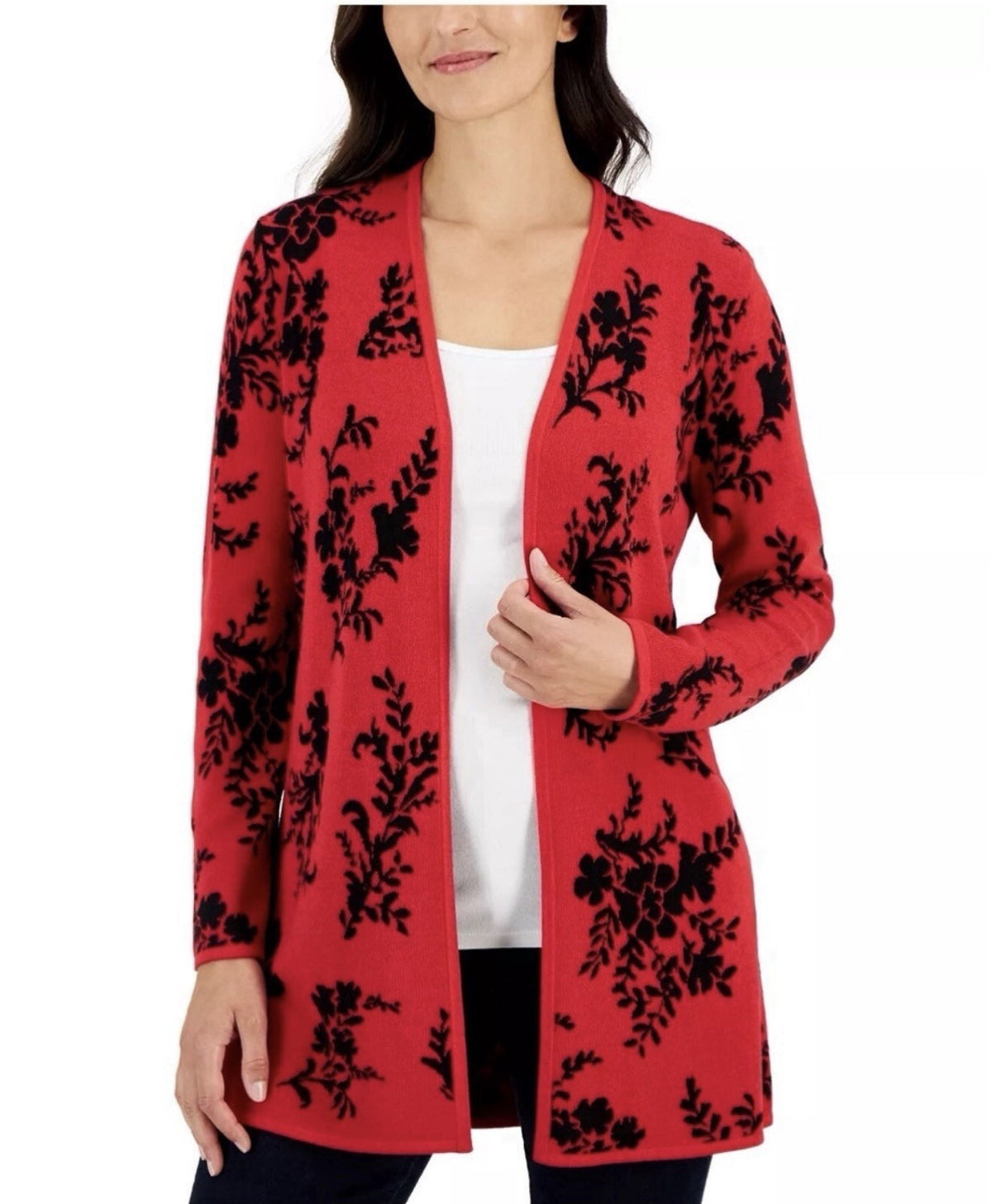 JM Collection Red & Black Floral Knit Button Front V-Neck Cardigan Sweater S