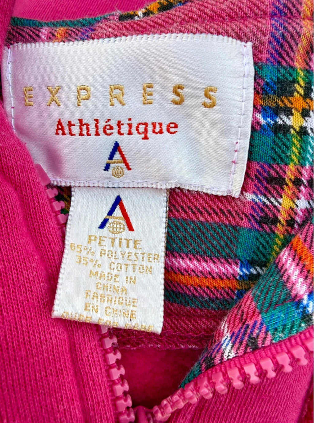 Express Athletique Hot Pink & Plaid Vintage Hoodie Size Small Petite