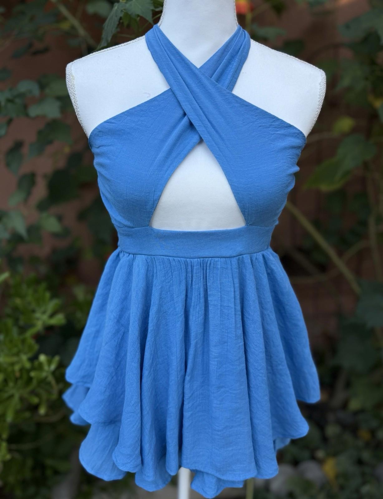 Princess Polly Baby Blue Twirl Halter Style Romper Skirt Shorts Under Size 4