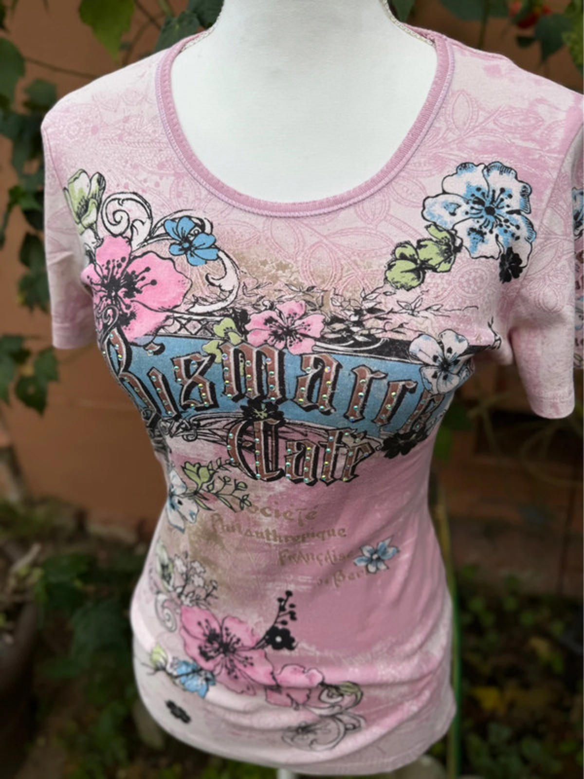 Skinnie Minnie Pink Floral Bismark Cafe Bedazzled Top Size L