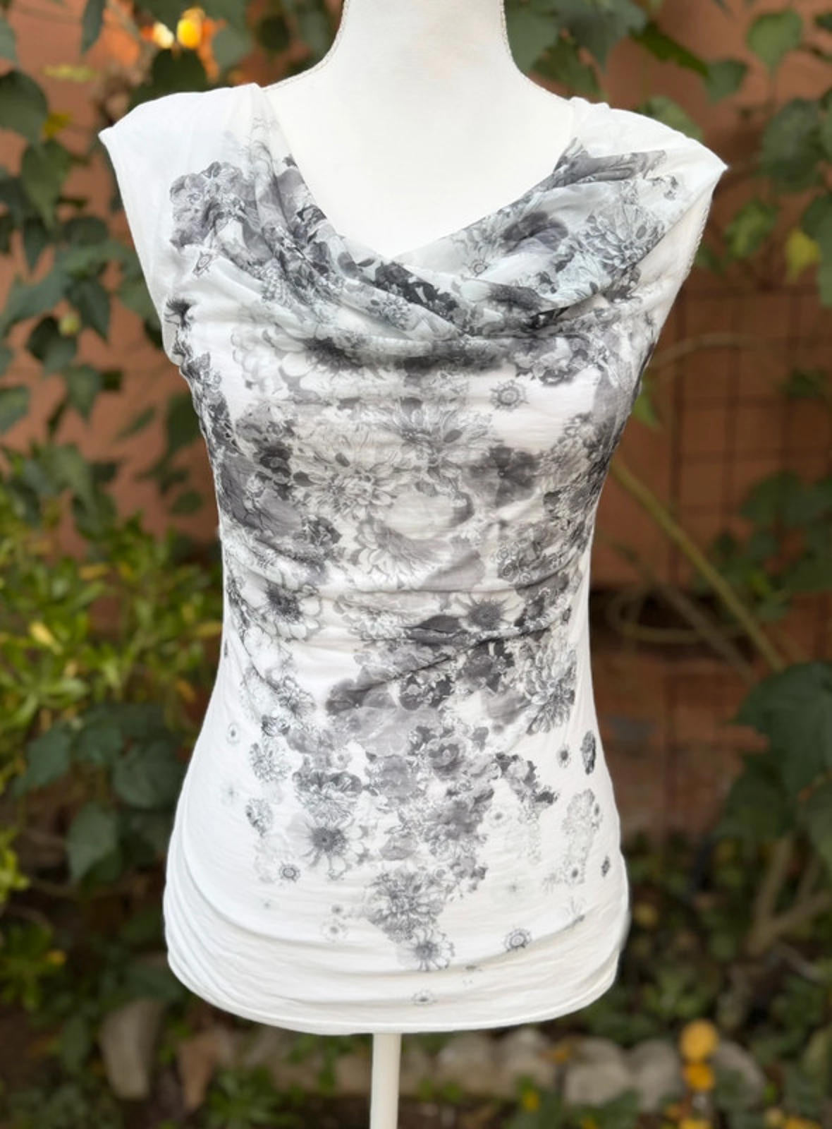 H&M Black, Gray, And White Floral Cowl Neck Mesh Blouse Top Size XS