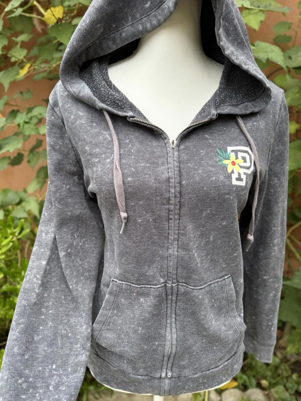 Victoria Secret PINK Gray & White Confetti Floral Plant Hoodie Size L