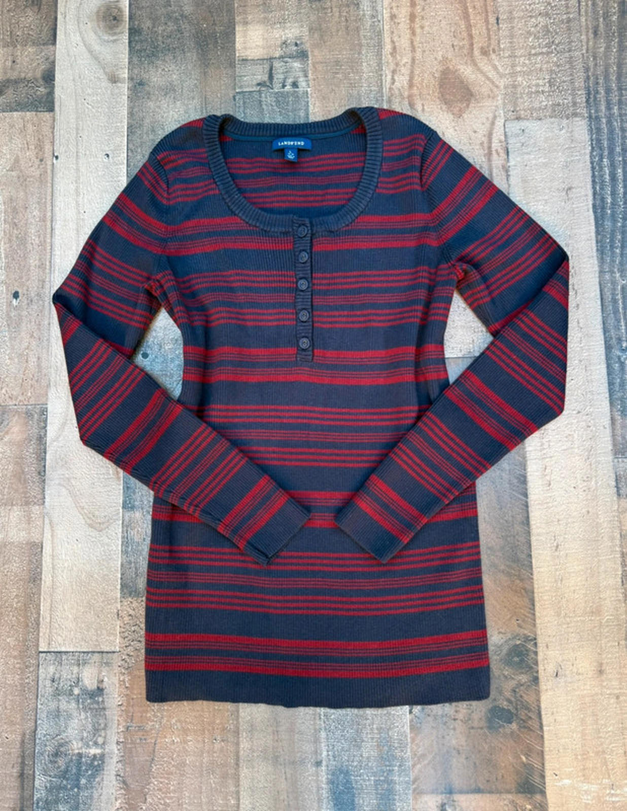 Lands End Navy Blue & Red Stripe Sweater Women’s Size L