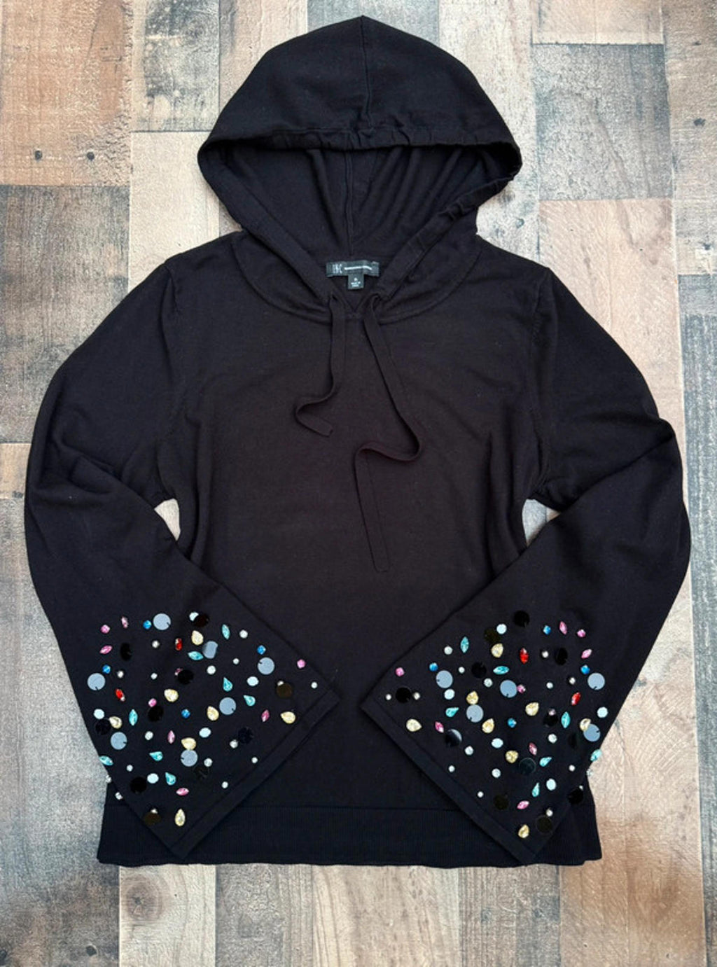 INC Black Bell Sleeved Jewel Hooded Sweater Women’s Size XL