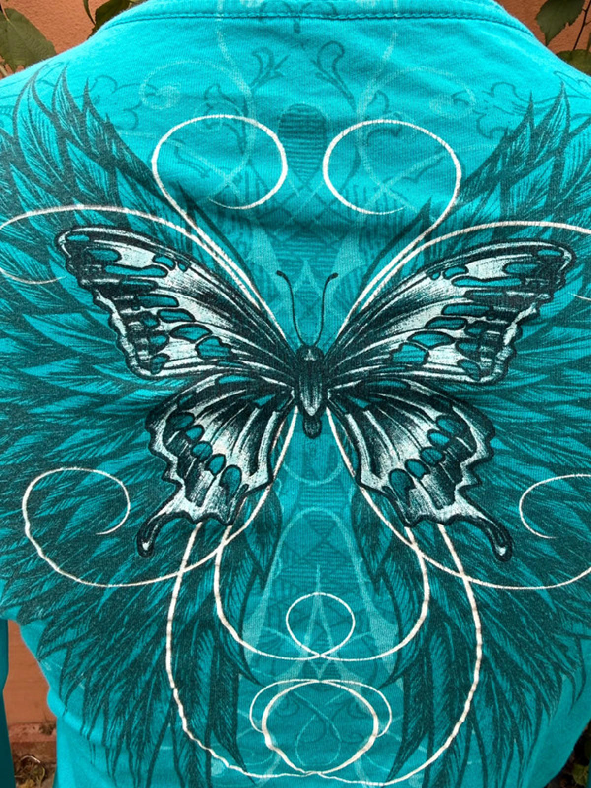 Stranded Aqua Butterfly Bedazzled Lettuce Edge Top 100% Cotton Size M