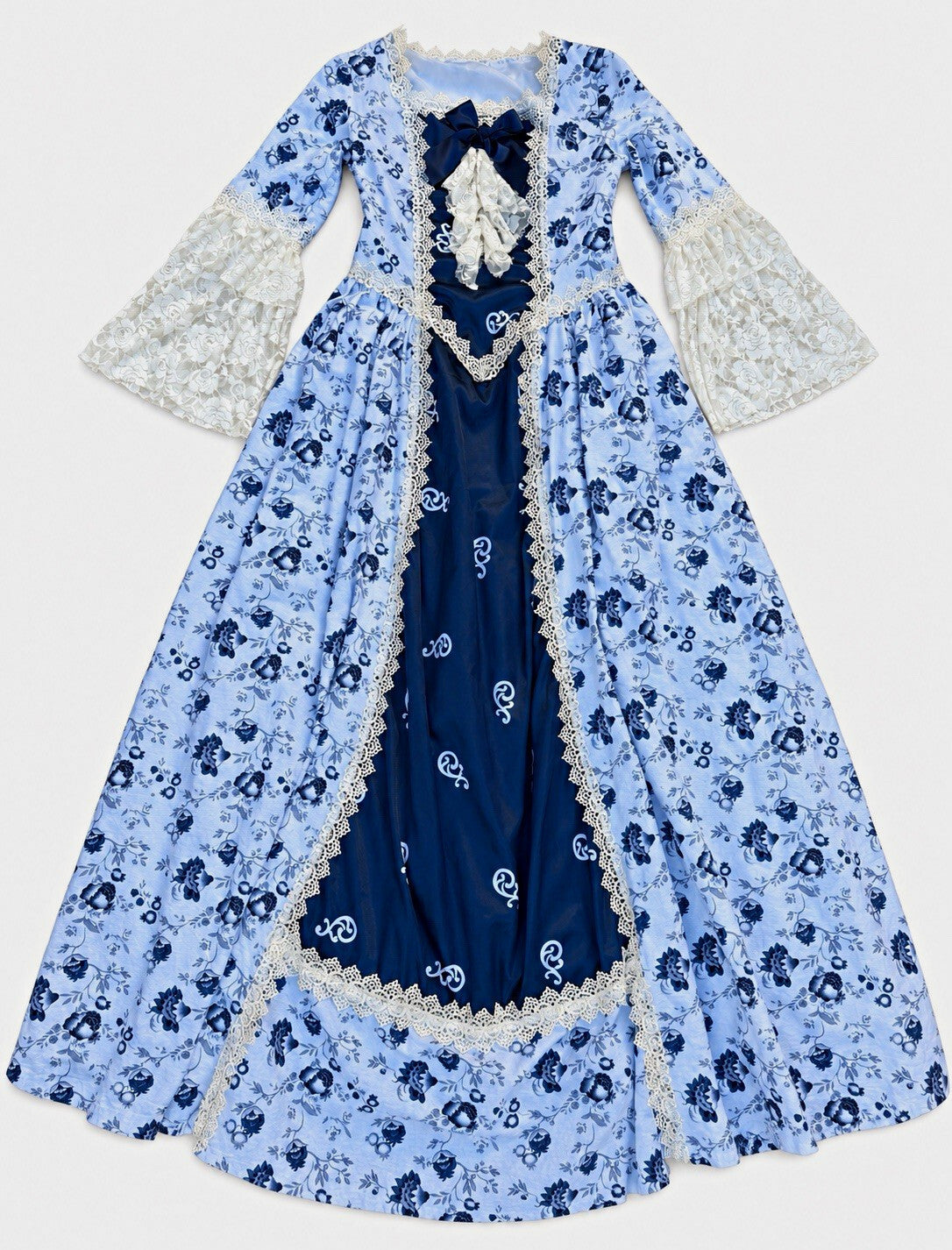 Marie Antoinette Victorian Renaissance royal blue, gray and white lace trim costume dress, women's size M