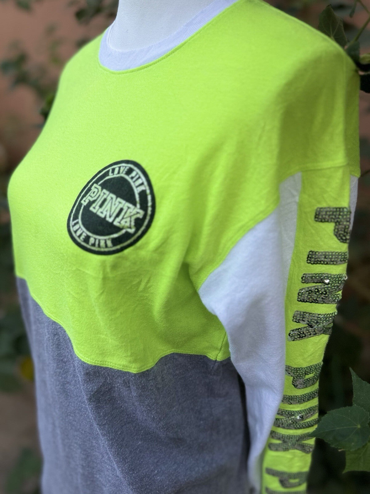 Y2K PINK Victoria's Secret Neon Green & Gray Sequin Logo Crewneck Sweatshirt XS