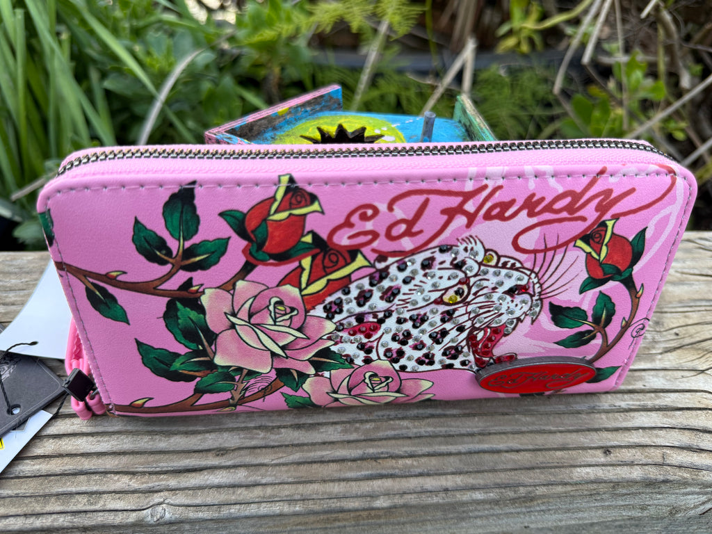 Ed Hardy Pink Floral Leopard Zip Wallet With Rhinestones
