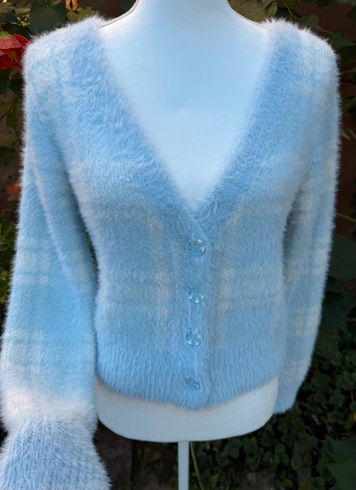 So Light Blue Plaid Fuzzy Holiday Winter Cardigan Sweater Size M